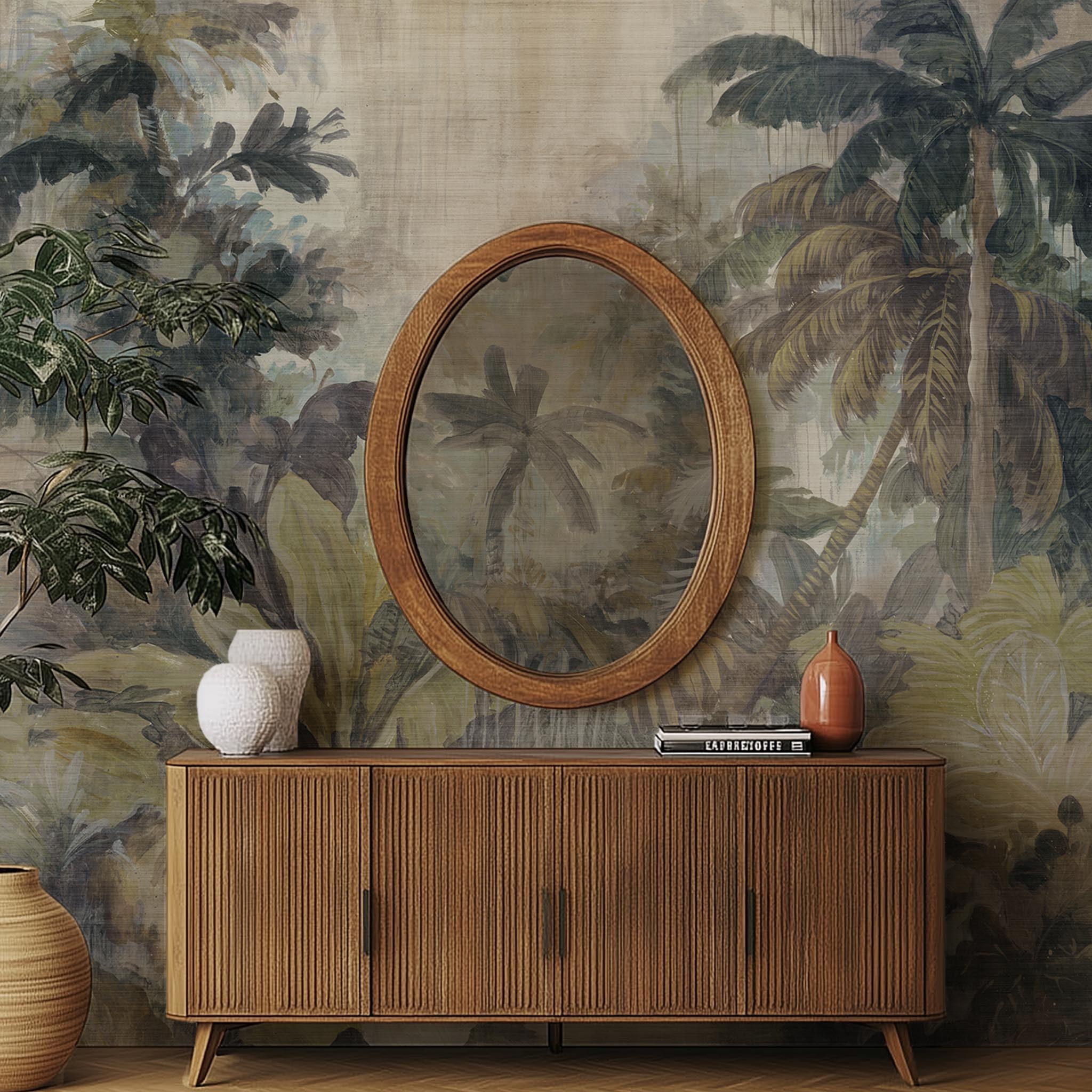 A cropped view of hallway featuring a panoramic grasscloth wallpaper mural of a tropical scene in sage and parchment.