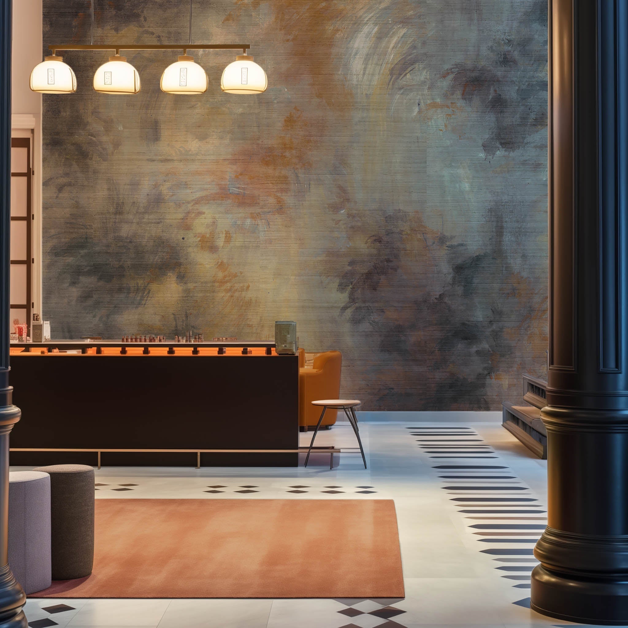 An interior lobby area featuring a panoramic grasscloth wallpaper mural of an abstract haze in charcoal and ash.