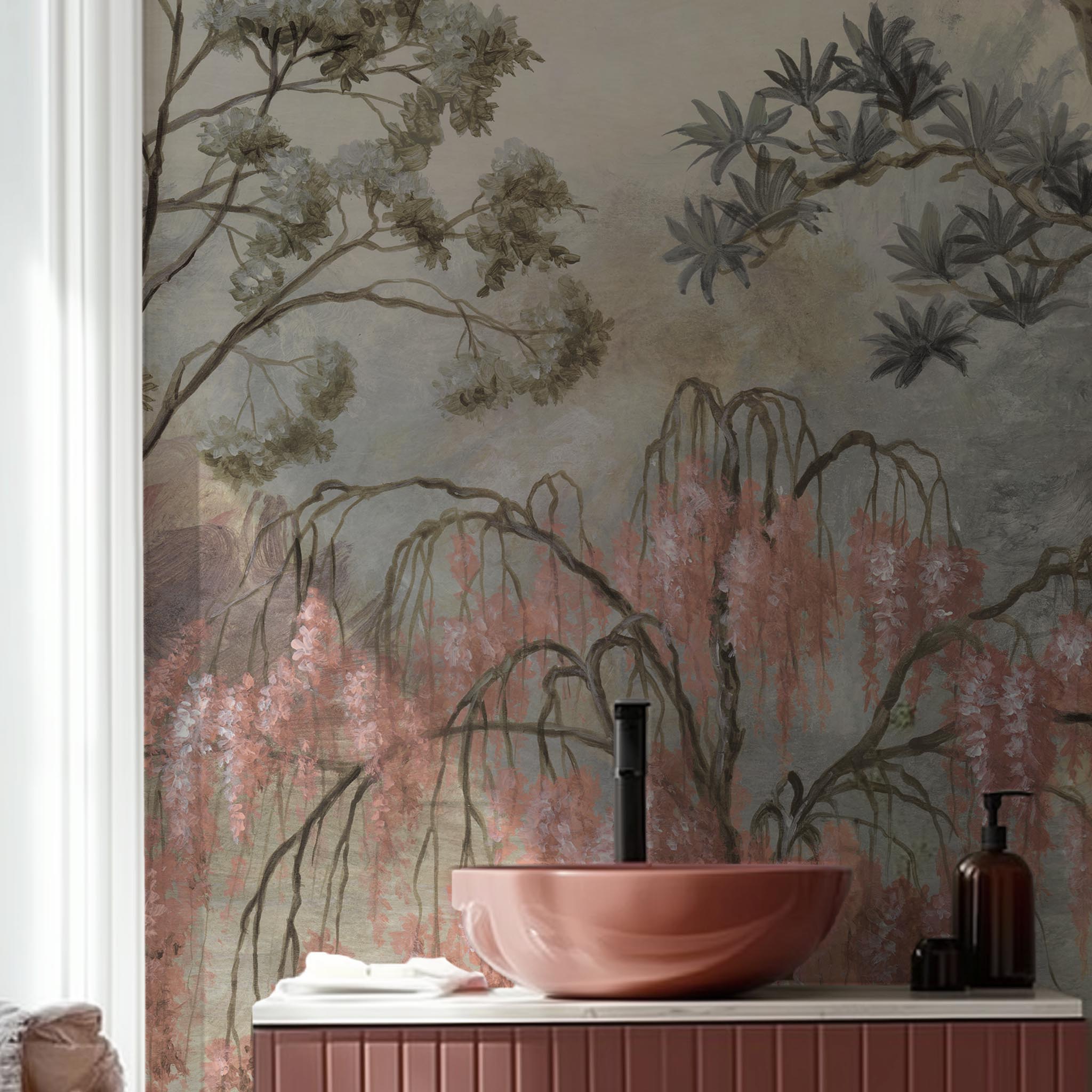 A cropped view of bathroom featuring a panoramic vinyl wallpaper mural of a lakeside scene in vintage tones.