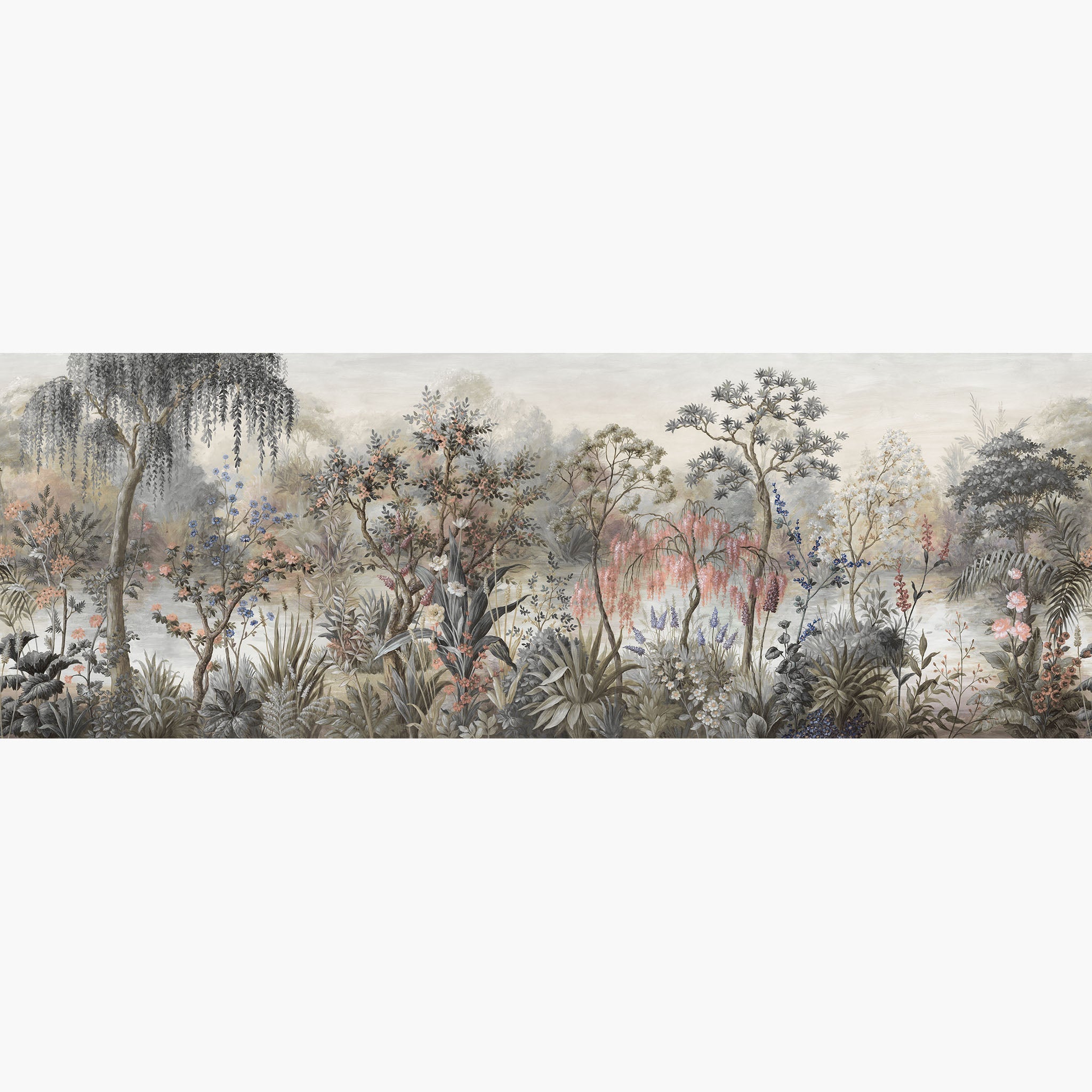 Artwork of a panoramic wallpaper mural featuring a serene botanical scene with dusky blues, coral pinks, and soft greys.