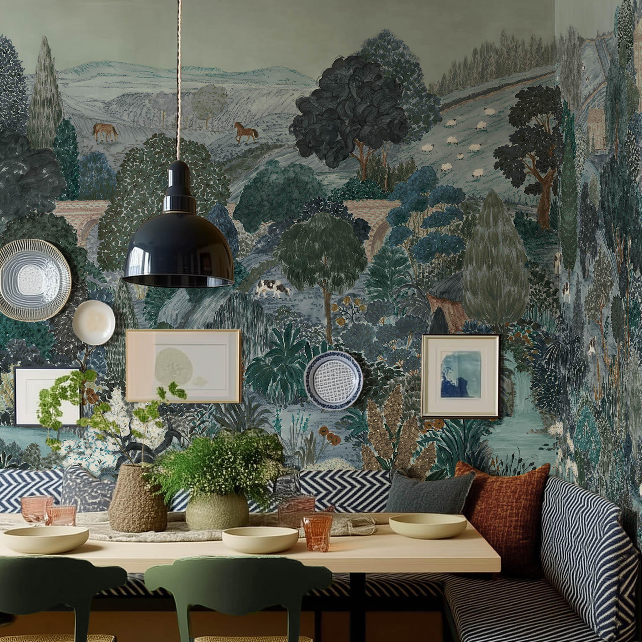 A view of a dining room featuring a panoramic matte wallpaper mural of teal, sea green, and slate countryside scene