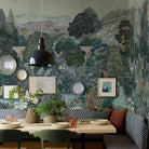 A view of a dining room featuring a panoramic matte wallpaper mural of teal, sea green, and slate countryside scene
