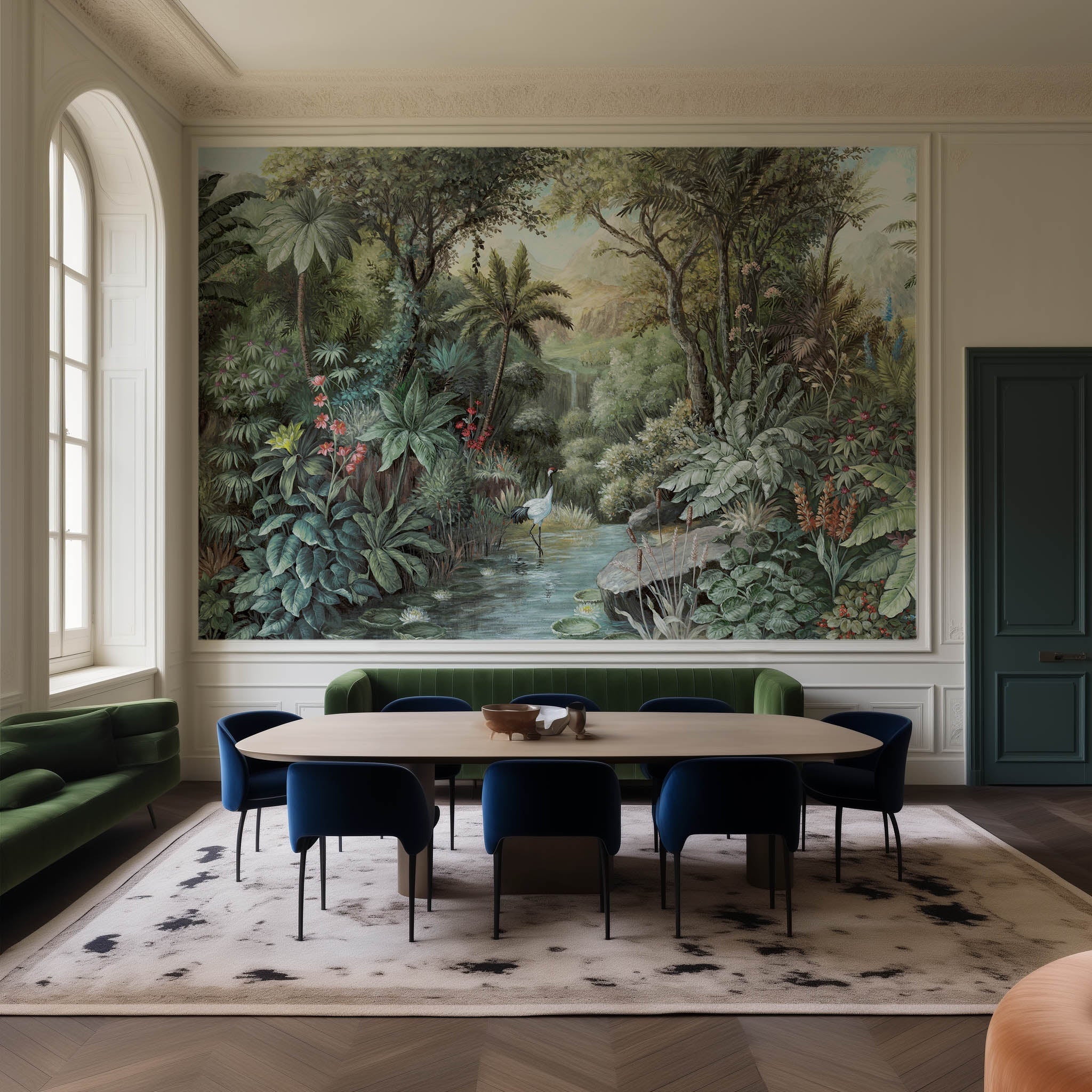 An interior dining room featuring a panoramic matte wallpaper mural of a tropical scene in green and pink.