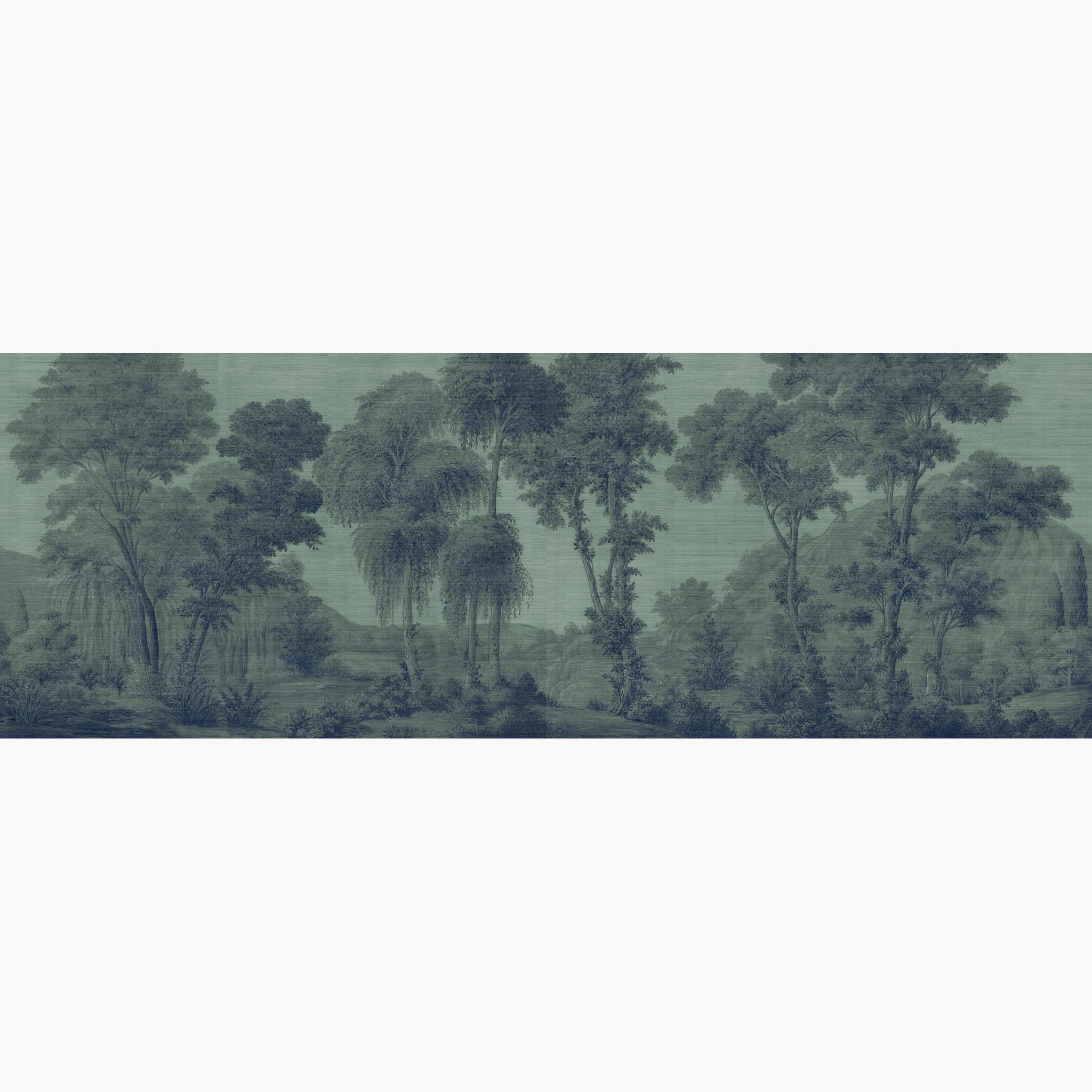 Artwork of a panoramic wallpaper mural featuring a majestic woodland rendered in rich forest green tones