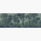 Artwork of a panoramic wallpaper mural featuring a majestic woodland rendered in rich forest green tones