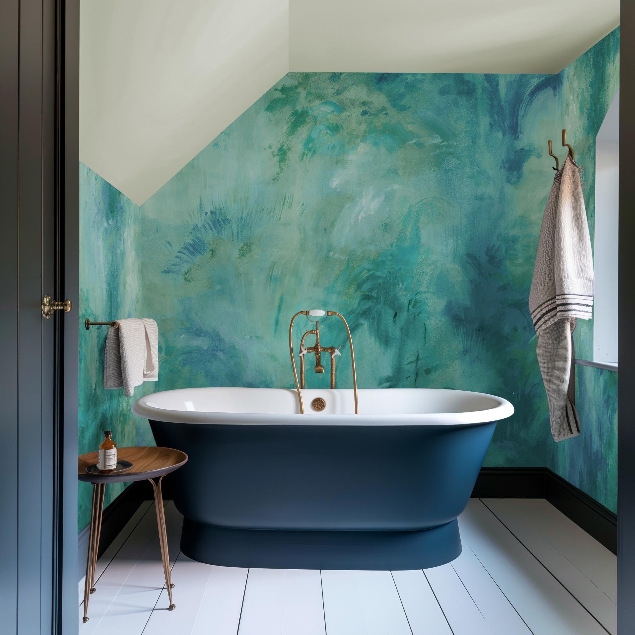 An interior bathroom featuring a panoramic vinyl wallpaper mural of an abstract wash in aqua and jade.