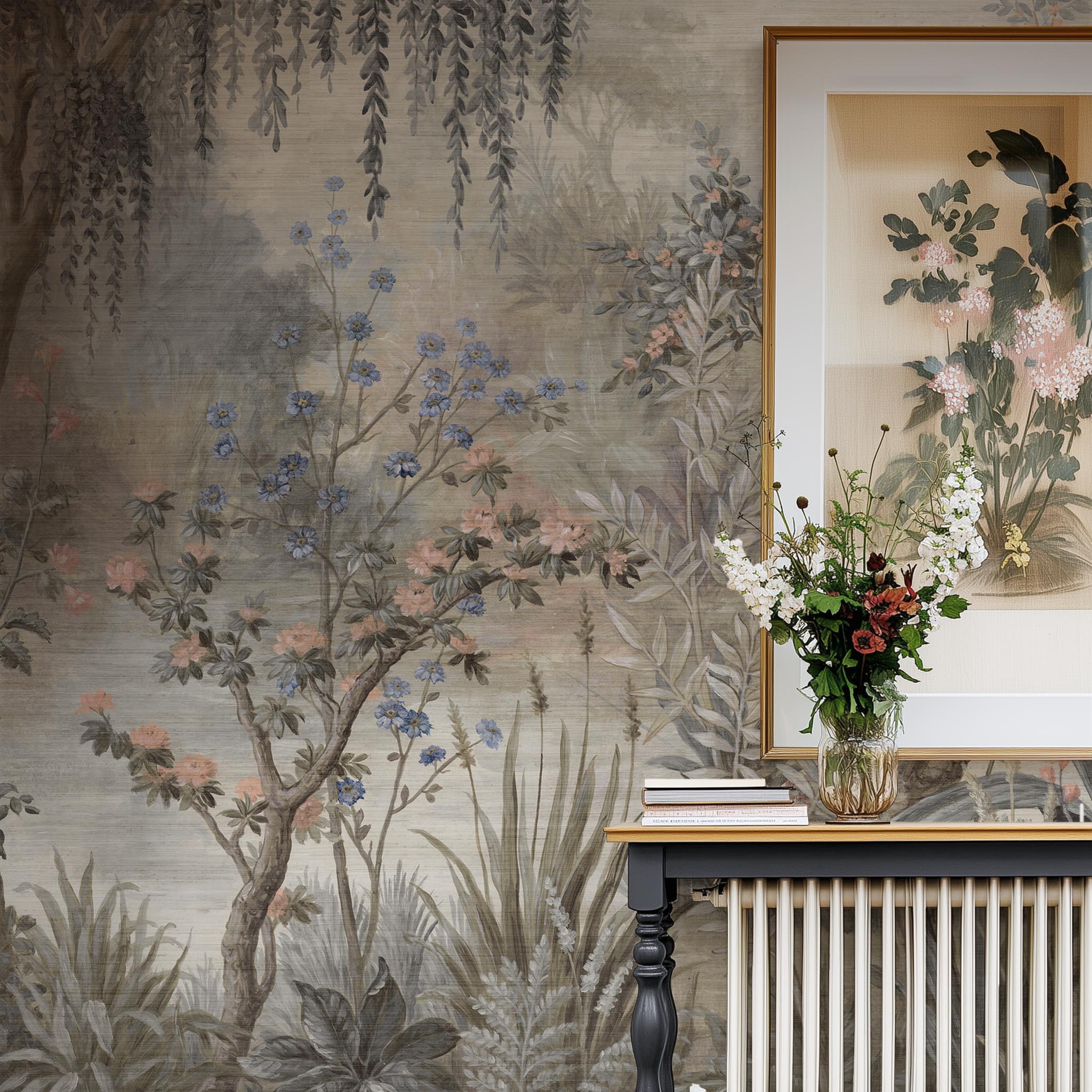 A cropped view of hallway featuring a panoramic grasscloth wallpaper mural of a lakeside scene in vintage tones.
