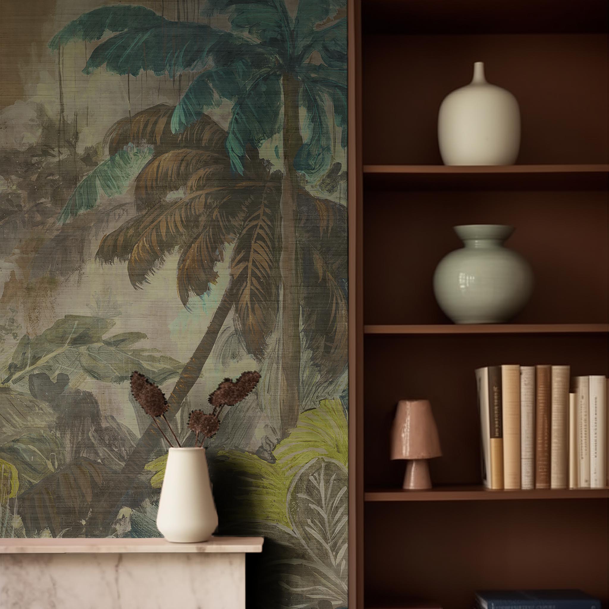 A cropped view of living room featuring a panoramic grasscloth wallpaper mural of a moody jungle in teal and ochre.