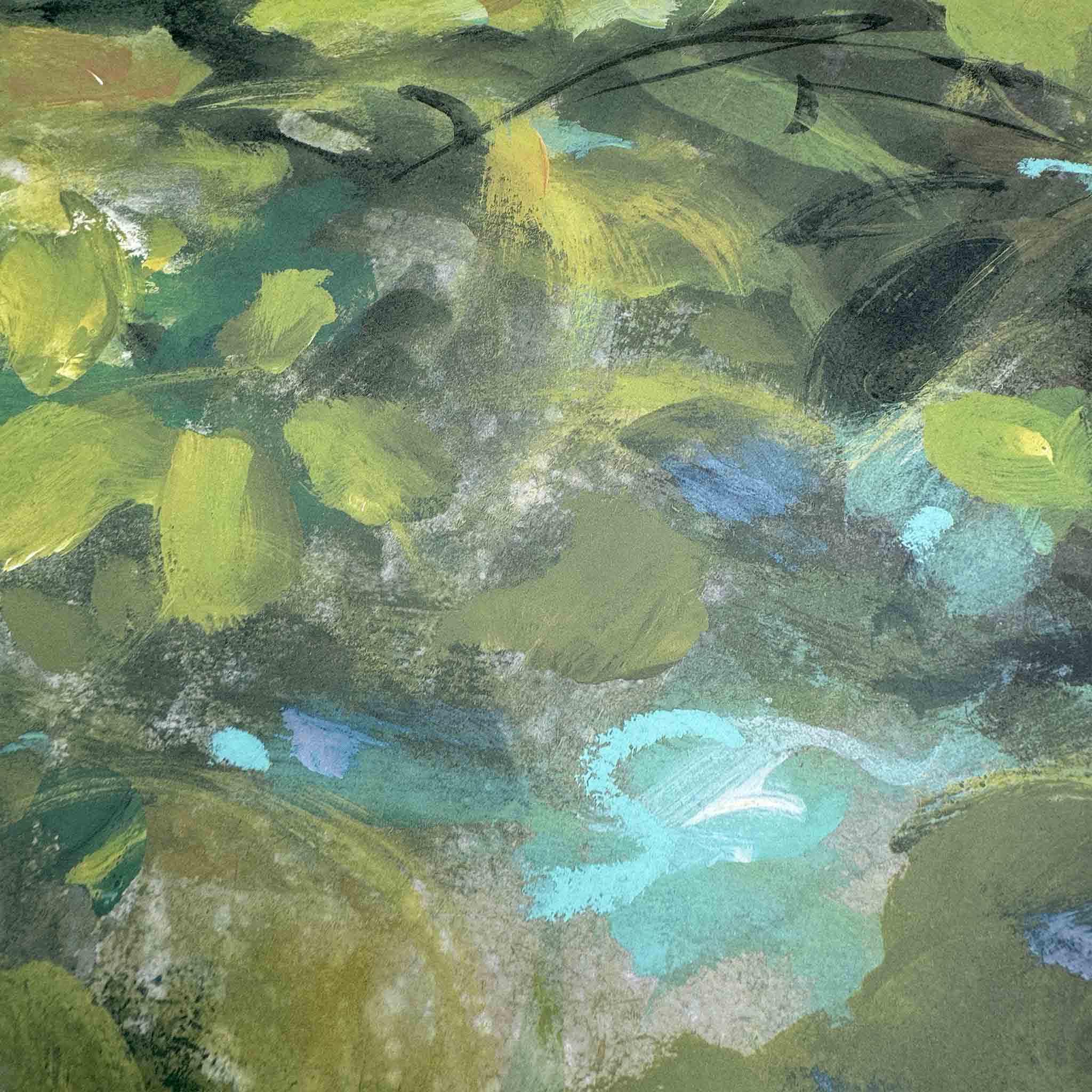 Close-up of a hand-painted jungle wallpaper mural, featuring deep greens and vibrant blues printed with a matte finish.