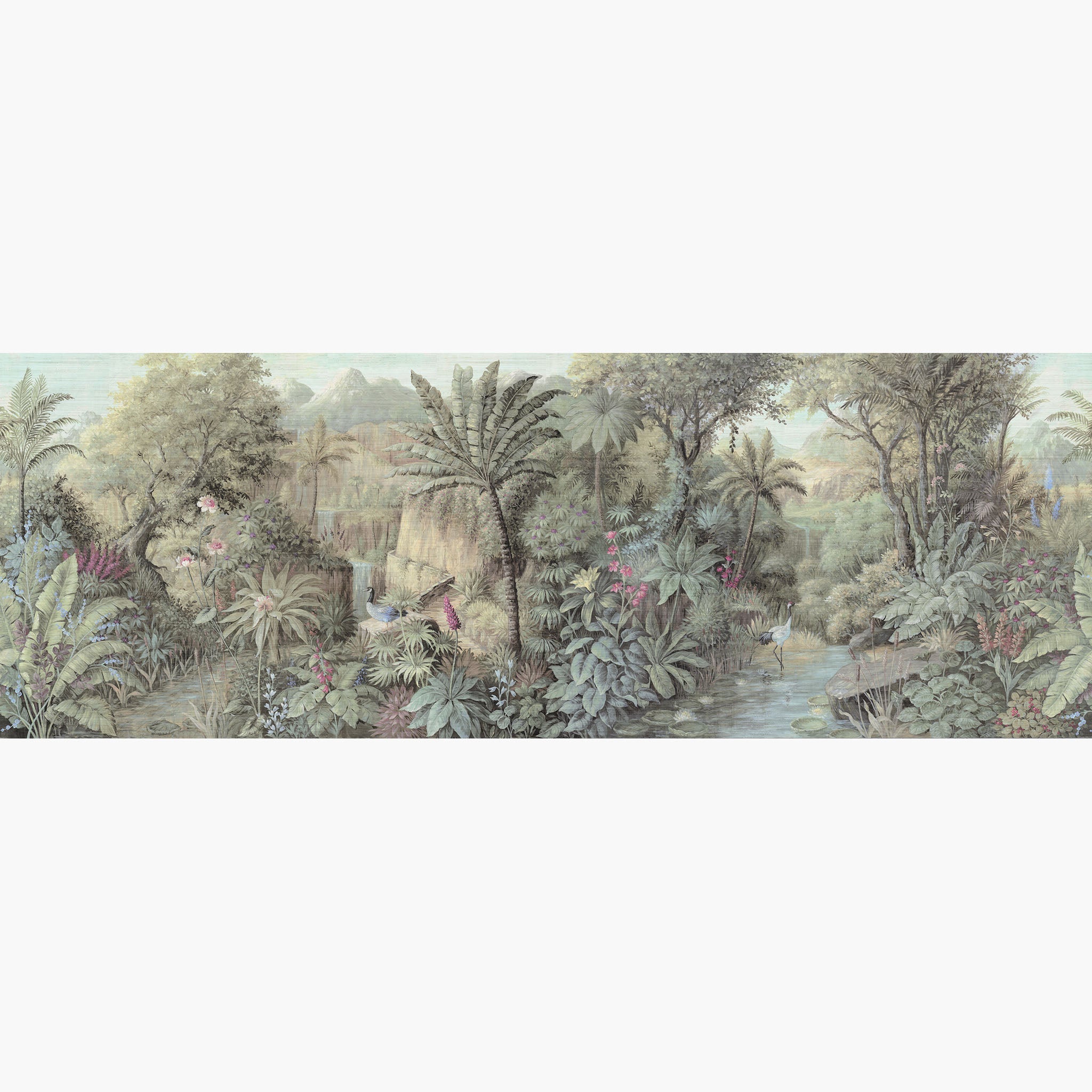 Artwork of a panoramic wallpaper mural featuring a verdant tropical paradise with cool greens, blush tones, and soft sunlight.