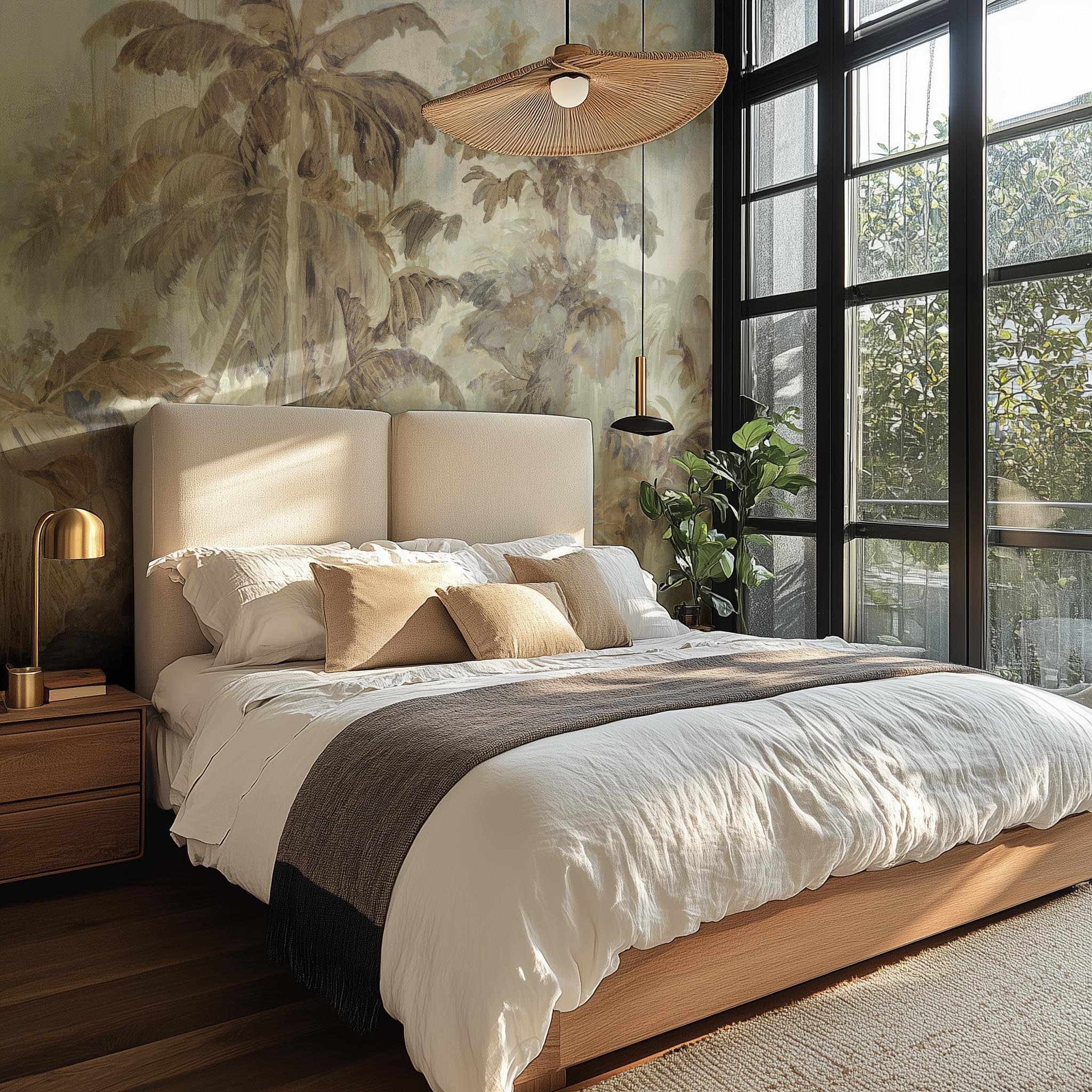 A cropped view of bedroom featuring a panoramic matte wallpaper mural of a jungle scene in sepia and blue.
