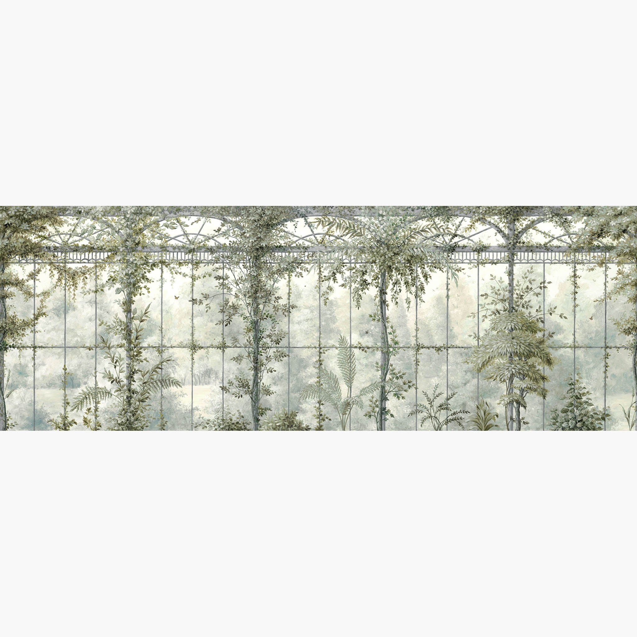 Artwork of a panoramic wallpaper mural featuring sunlit conservatory mural in chamomile, sage, muted greys, delicate foliage