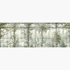 Artwork of a panoramic wallpaper mural featuring sunlit conservatory mural in chamomile, sage, muted greys, delicate foliage