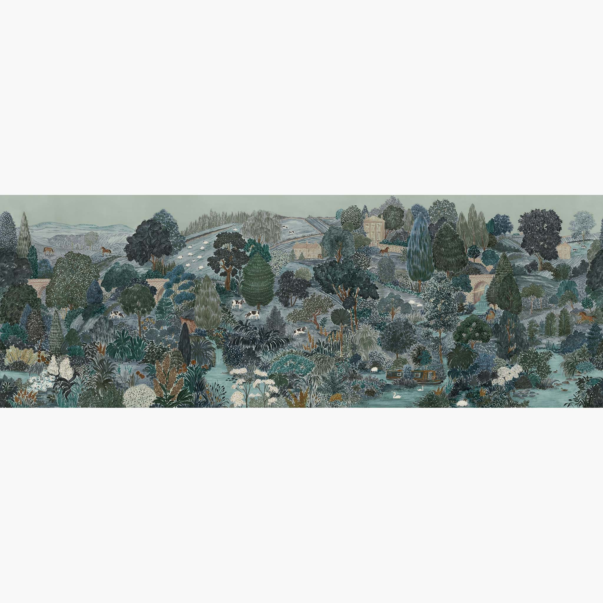 Artwork of a panoramic wallpaper mural featuring a vivid countryside scene in teal, sea green, and slate blue