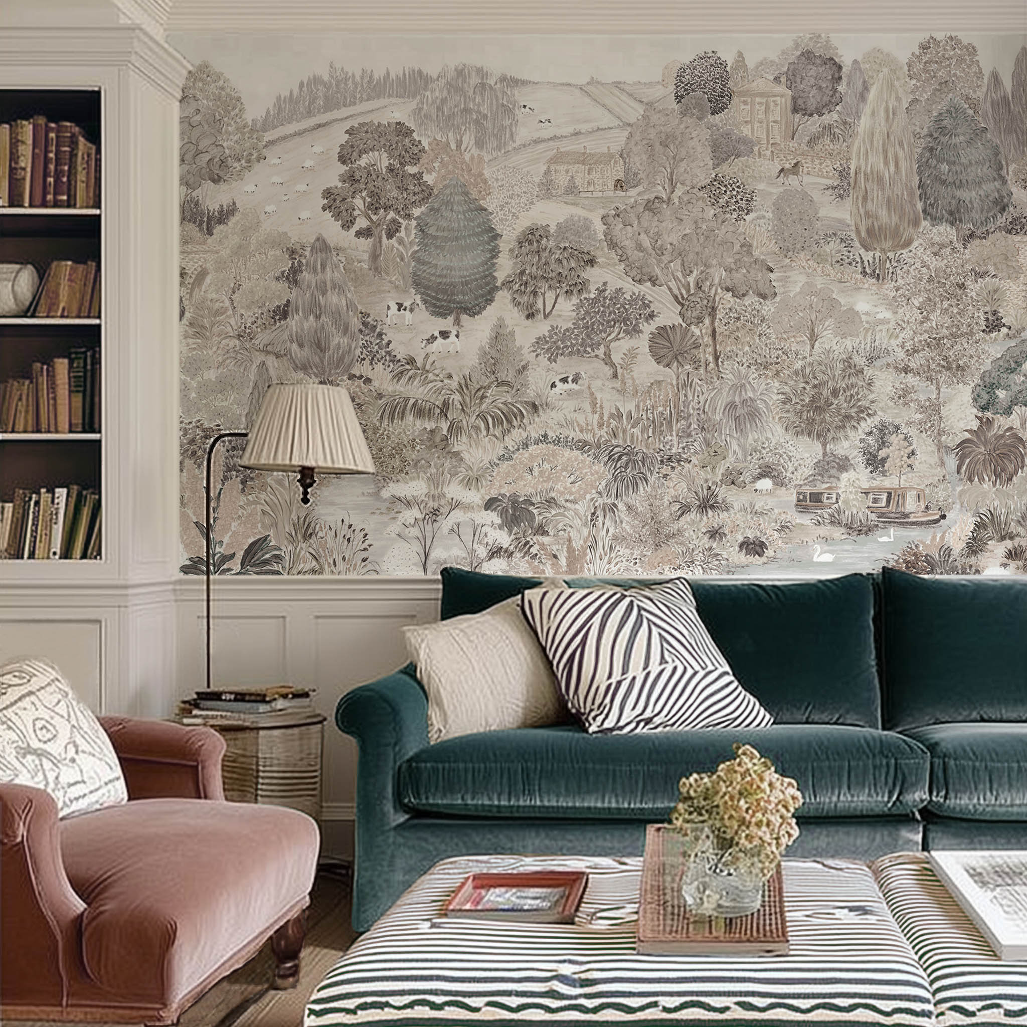 An interior living room featuring a panoramic matte wallpaper mural of almond, dusty rose, and mist countryside scene