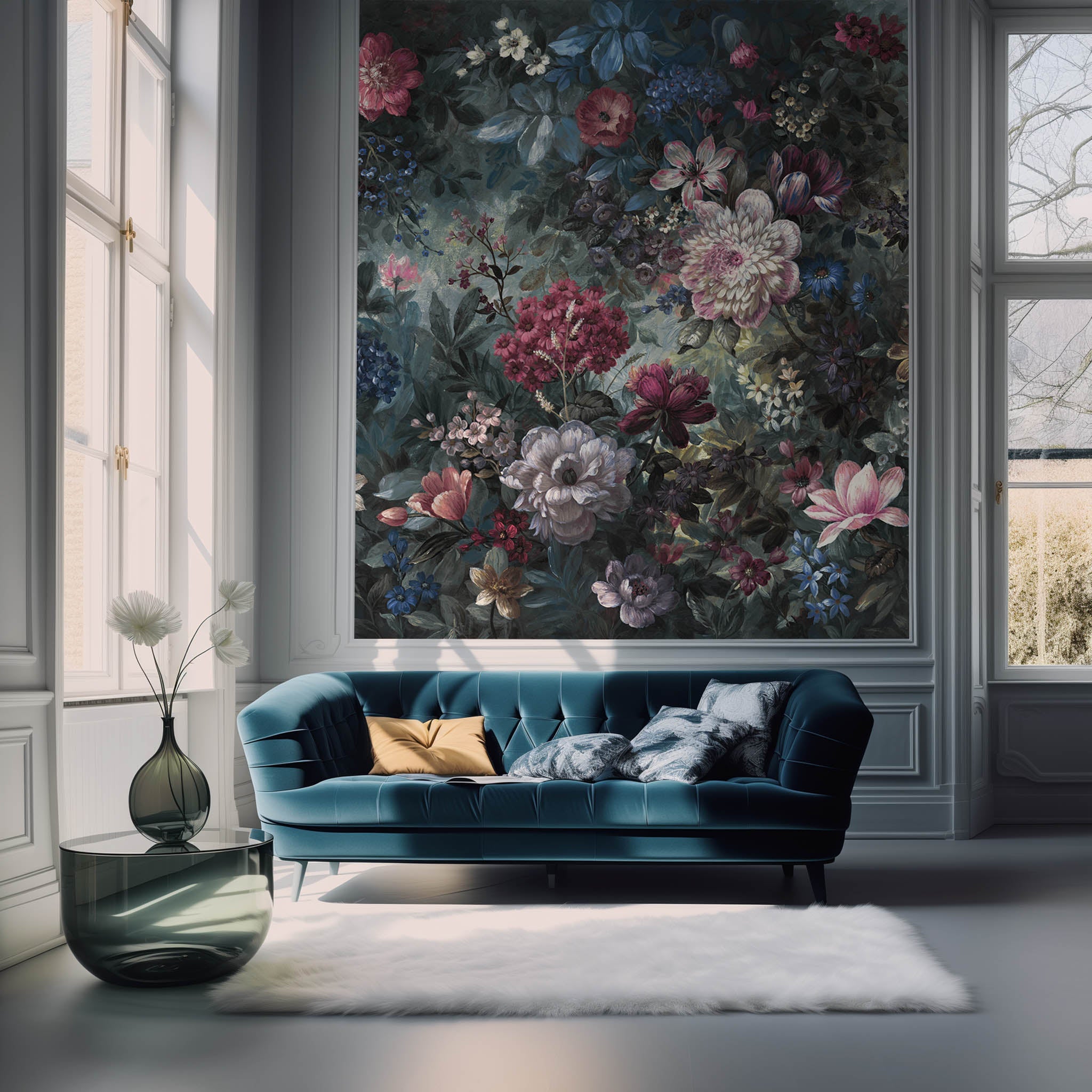 An interior living room featuring a panoramic matte wallpaper mural of a floral bloom in crimson and blue.