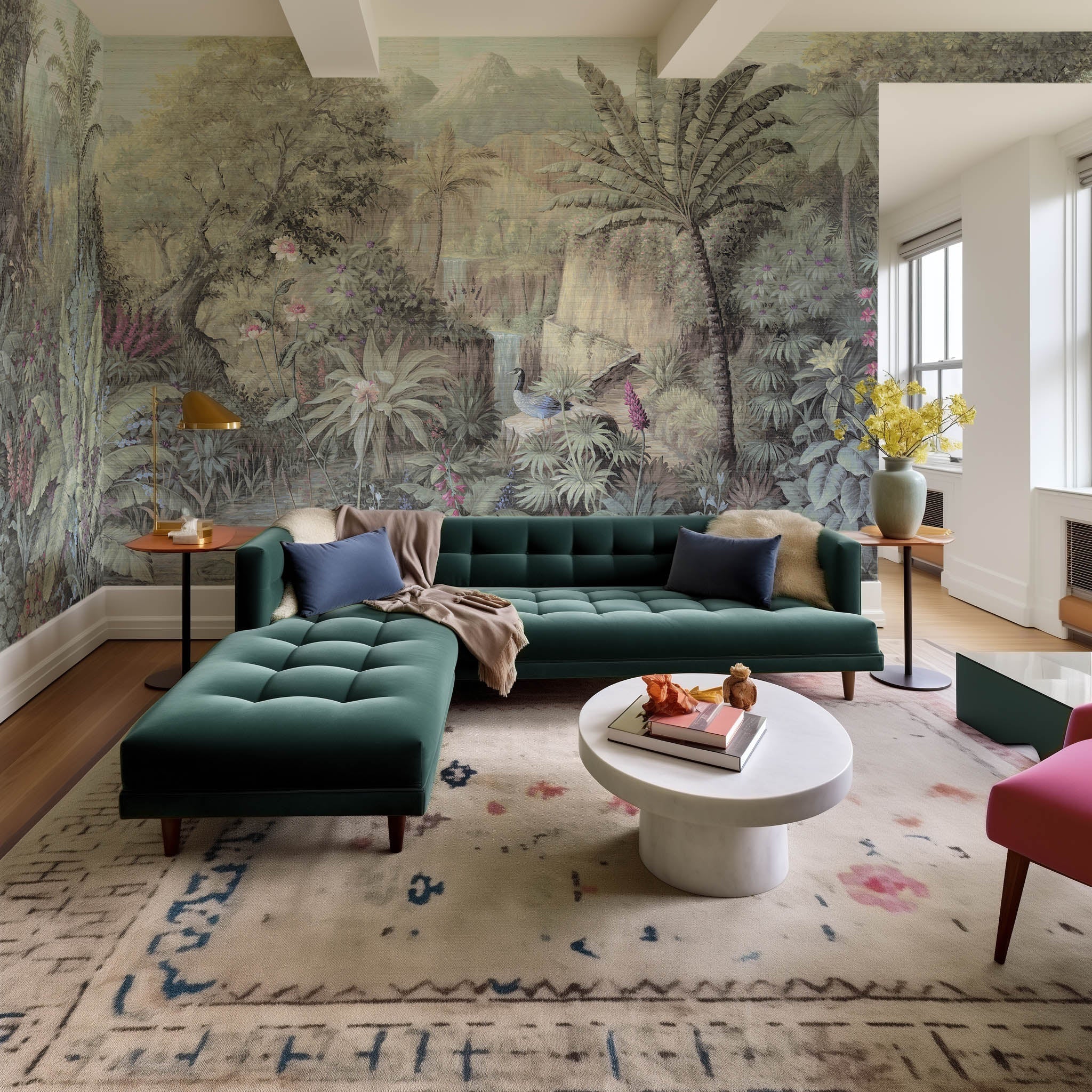 An interior living room featuring a panoramic grasscloth wallpaper mural of a tropical paradise in cool greens and blushes.