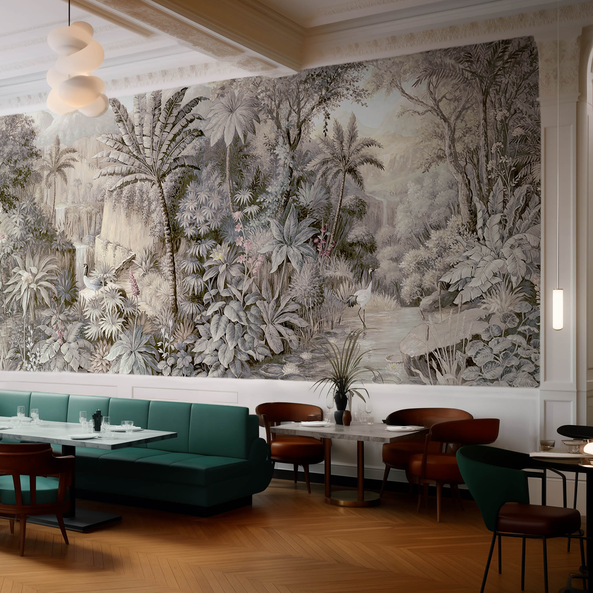 An interior restaurant featuring a panoramic matte wallpaper mural of a jungle vista in sepia and blush.