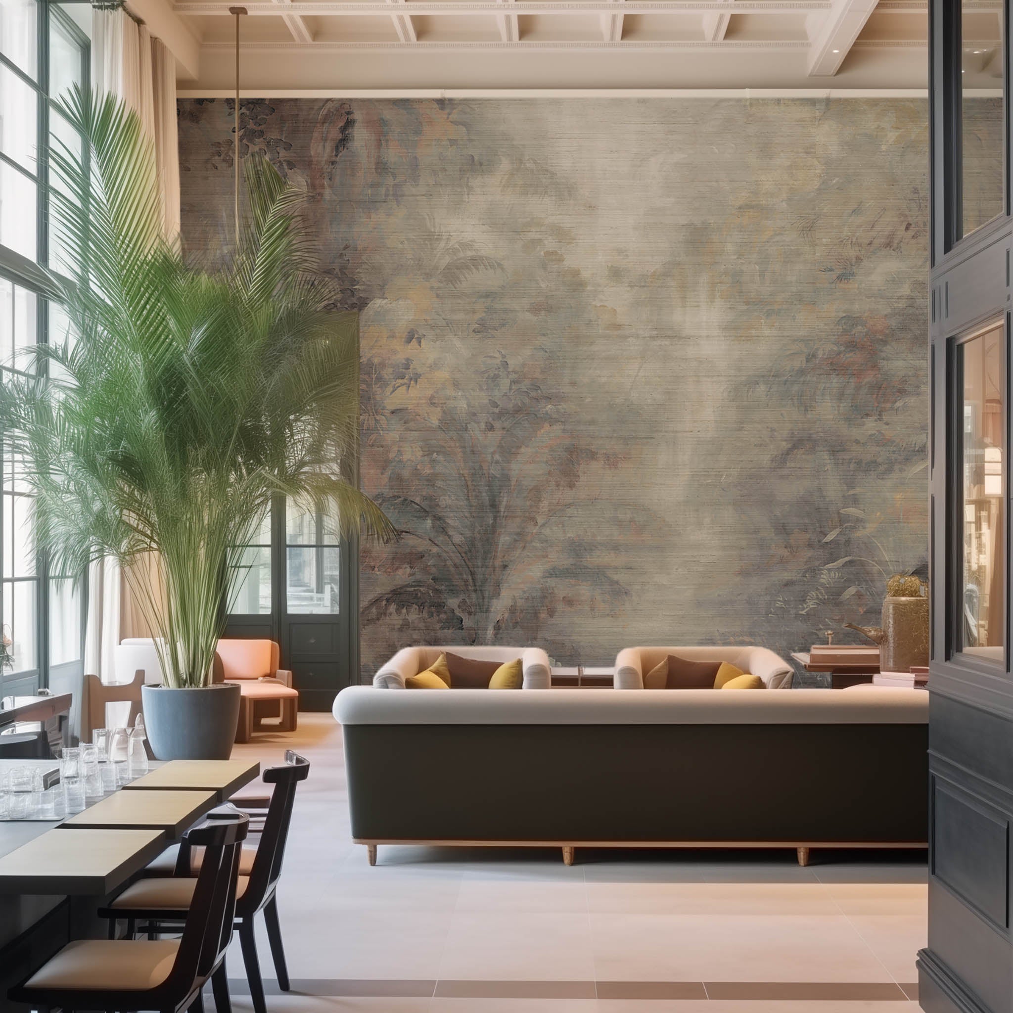 An interior lobby area featuring a panoramic grasscloth wallpaper mural of a rainforest in lavender and rust.
