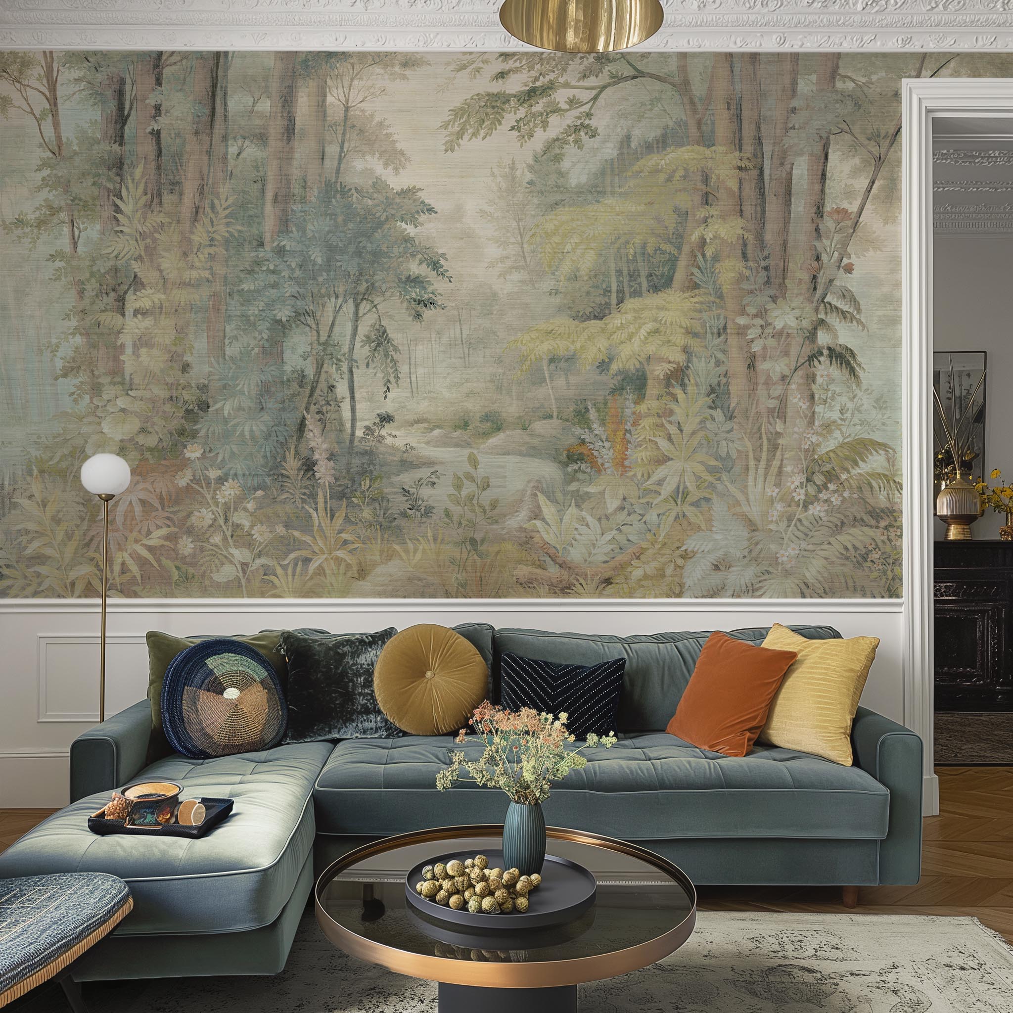 An interior living room featuring a panoramic grasscloth wallpaper mural of an airy woodland in sage, yellow, and mist.