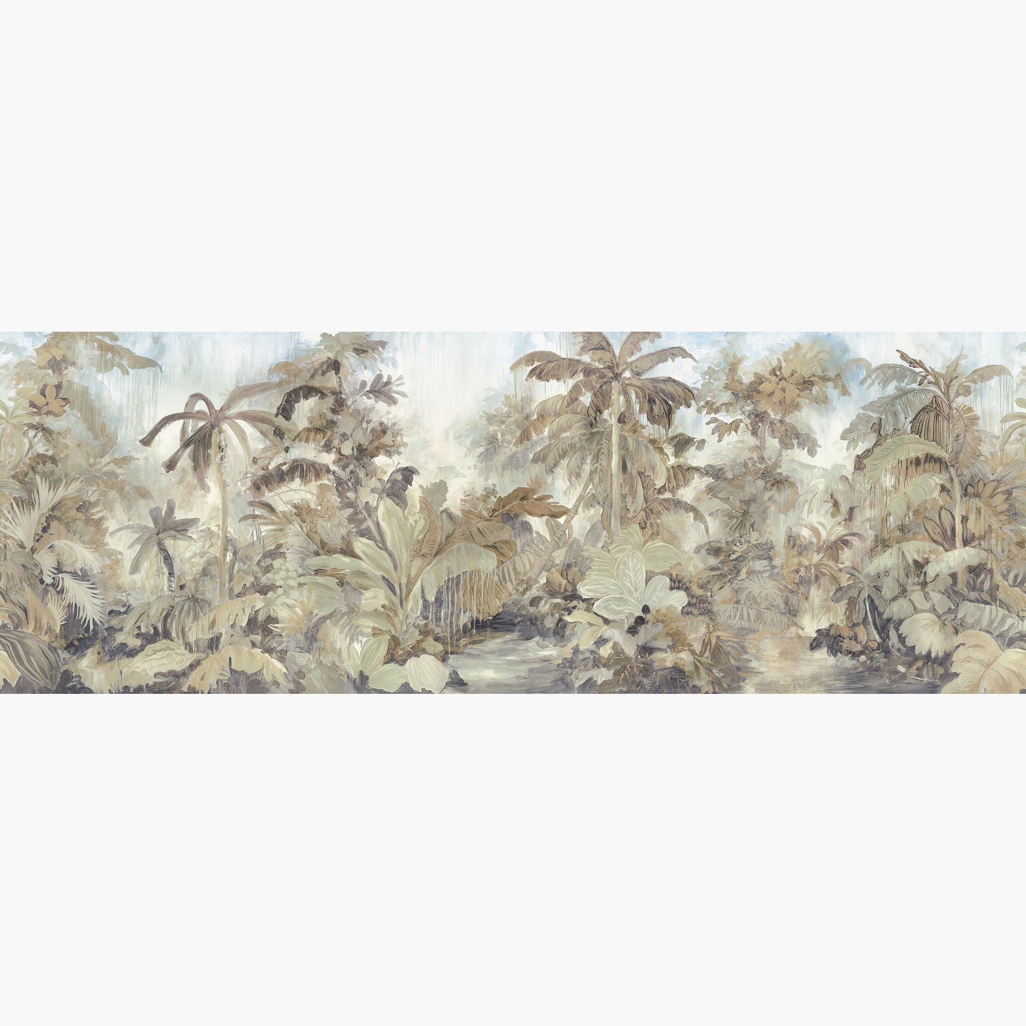 Artwork of a panoramic wallpaper mural featuring an ethereal jungle scene in soft sepia, stone, and misty blue.
