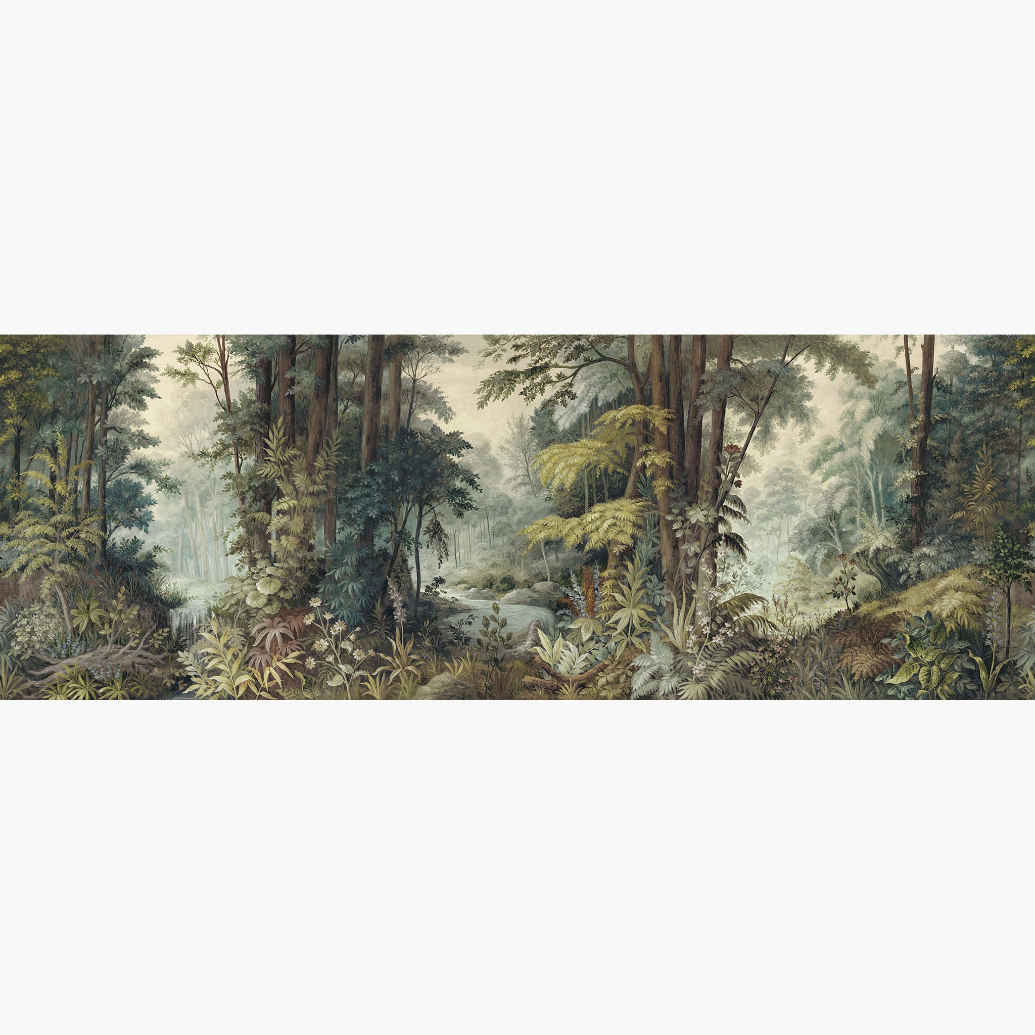 Artwork of a panoramic wallpaper mural featuring a misty woodland scene in soft sage, muted ochre, and warm umber.