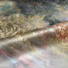 A close up view showing the detail of a pearlescent wallpaper mural which features softly shaded panoramic green mural.