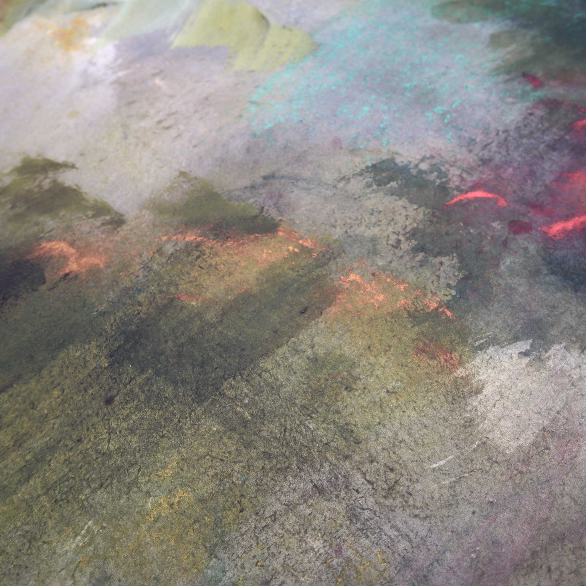 Close-up bespoke panoramic tropical landscape mural in luminous greens, soft pinks, warm golden tones on a matte finish.