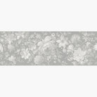 Artwork of a panoramic wallpaper mural featuring a soft monochrome floral of misty whites on dove grey