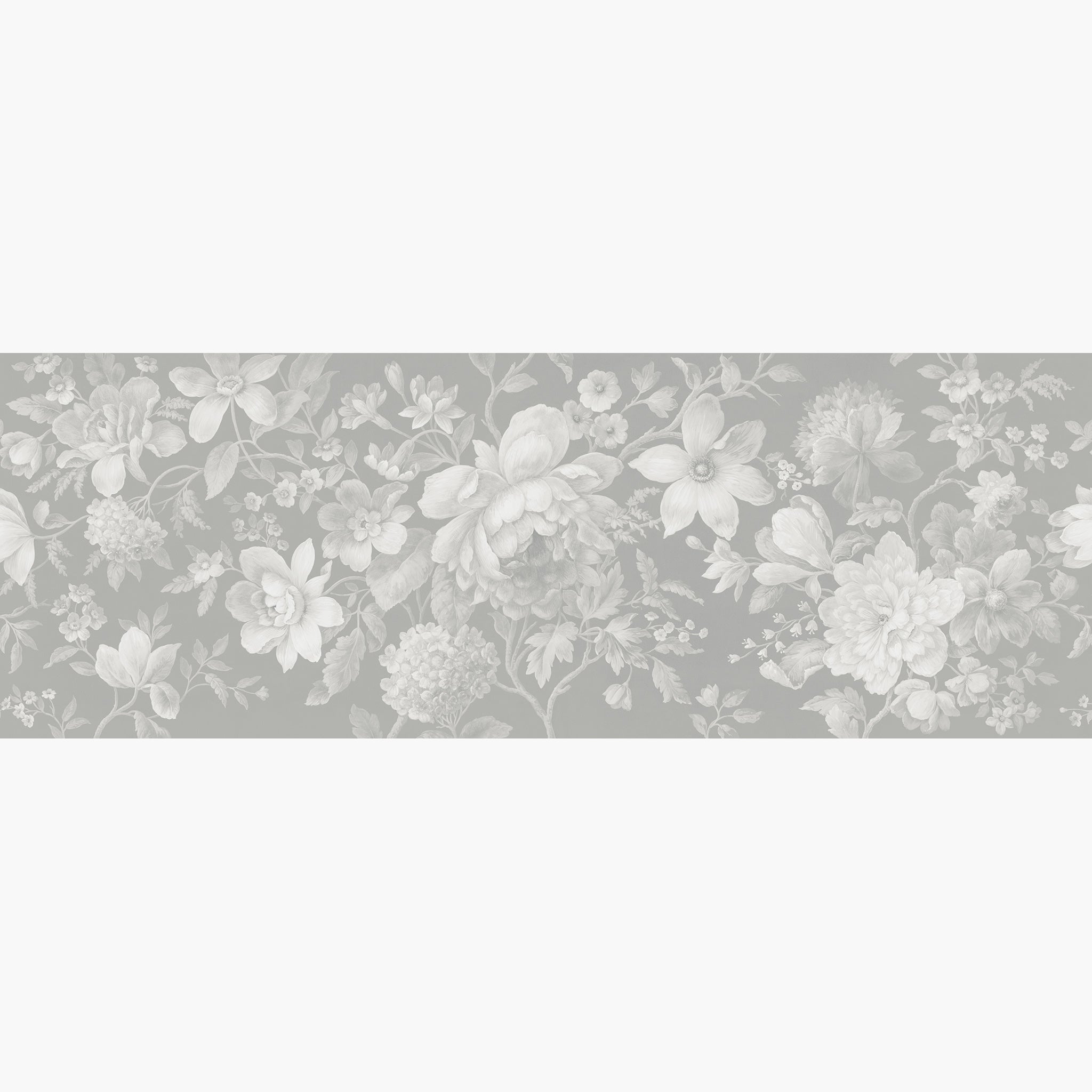 Artwork of a panoramic wallpaper mural featuring a soft monochrome floral of misty whites on dove grey