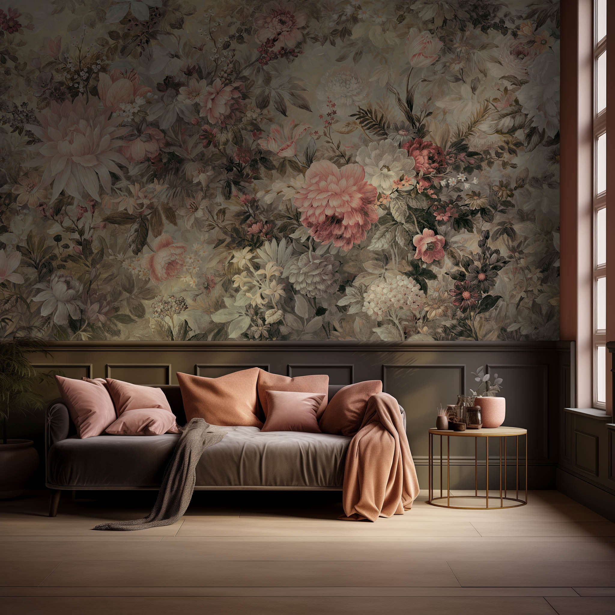 An interior living room featuring a panoramic matte wallpaper mural of a floral composition in soft neutrals.