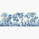 Artwork of a panoramic wallpaper mural featuring an airy woodland scene awash in cool periwinkle blue tones