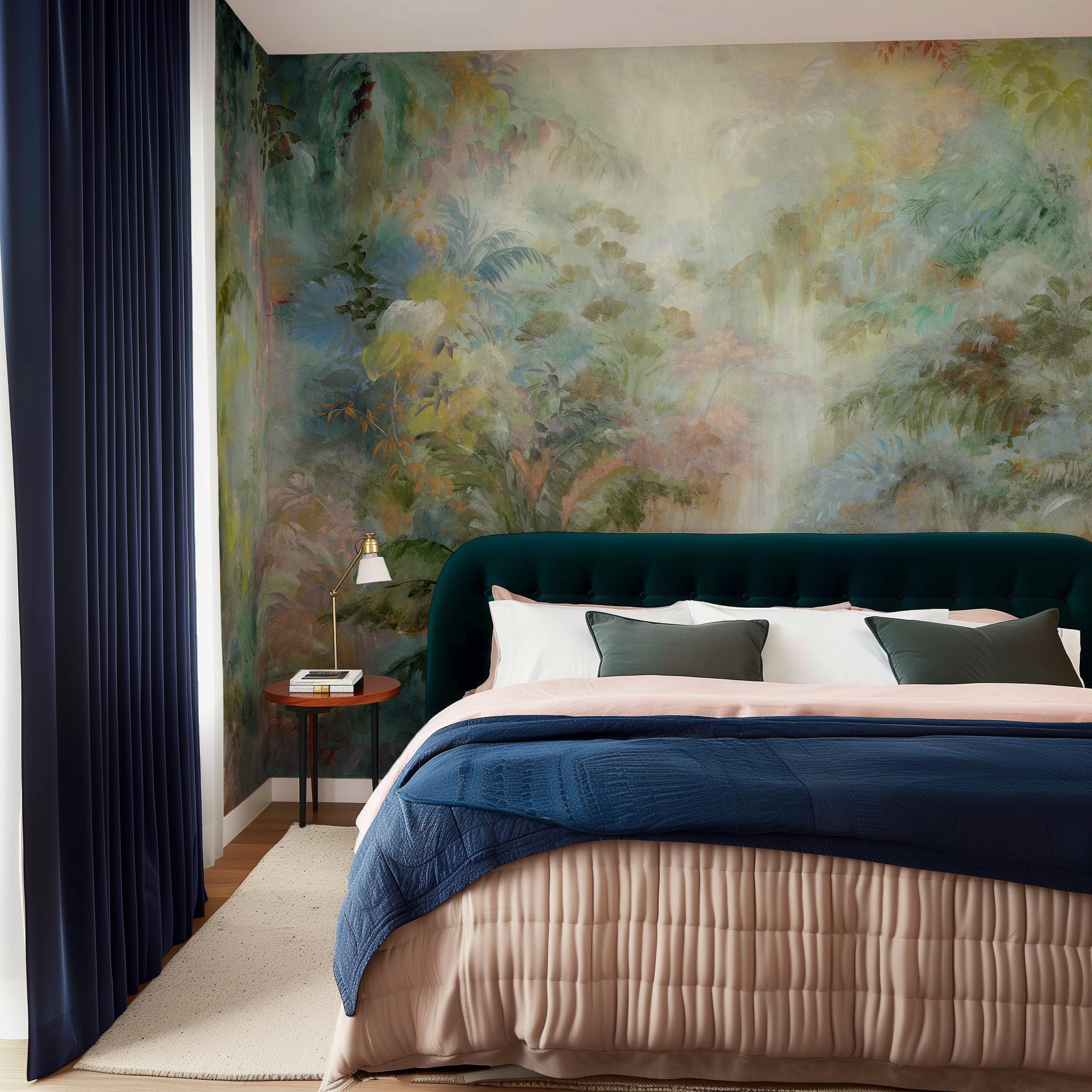 An interior bedroom featuring a panoramic vinyl wallpaper mural of a rainforest in green, coral, and gold.