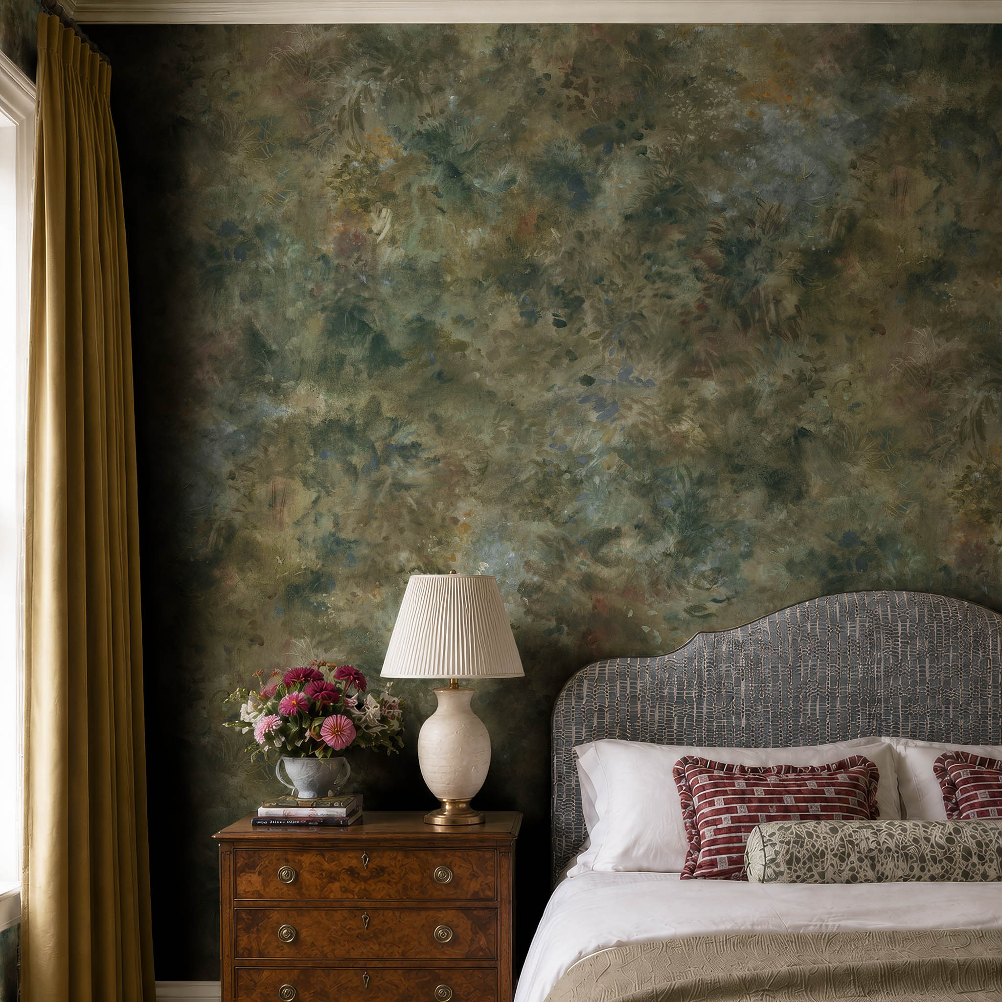 A cropped view of a bedroom featuring a panoramic pearlescent wallpaper mural of misty mural in fennel, sage, olive, indigo and ochre.