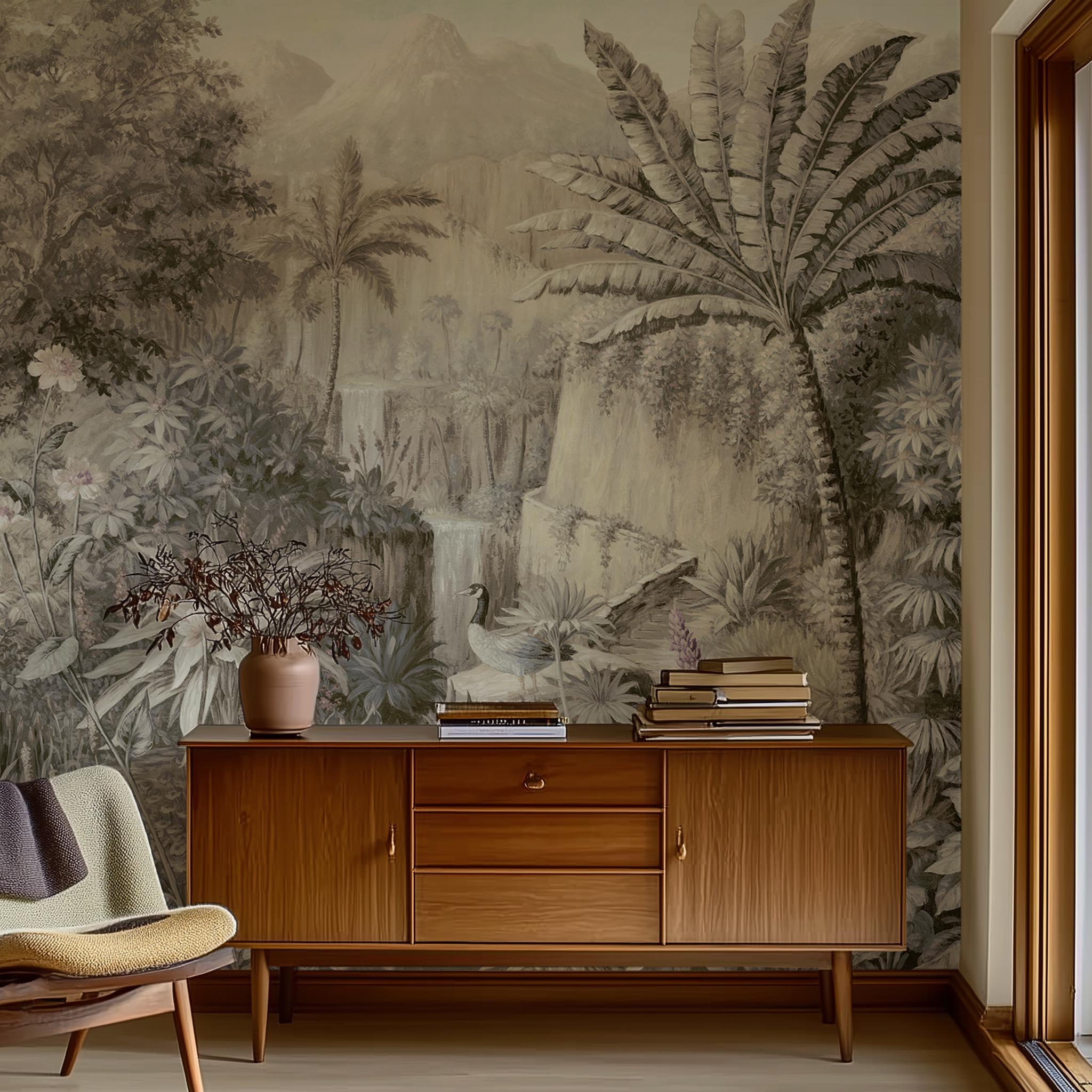 A cropped view of sitting area featuring a panoramic matte wallpaper mural of a jungle vista in sepia and blush.