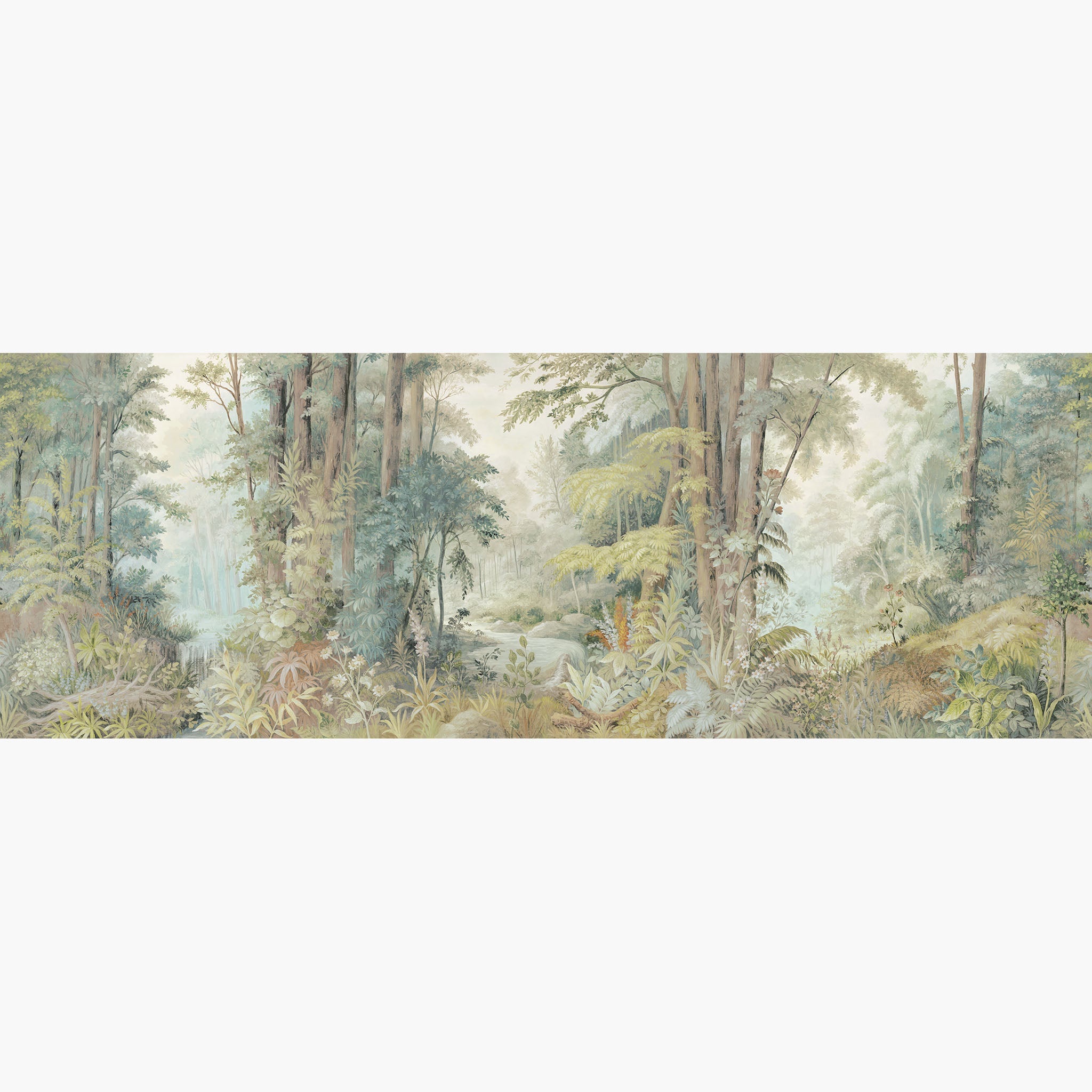 Artwork of a panoramic wallpaper mural featuring an airy forest landscape in pale sage, buttery yellow, and soft mist tones.