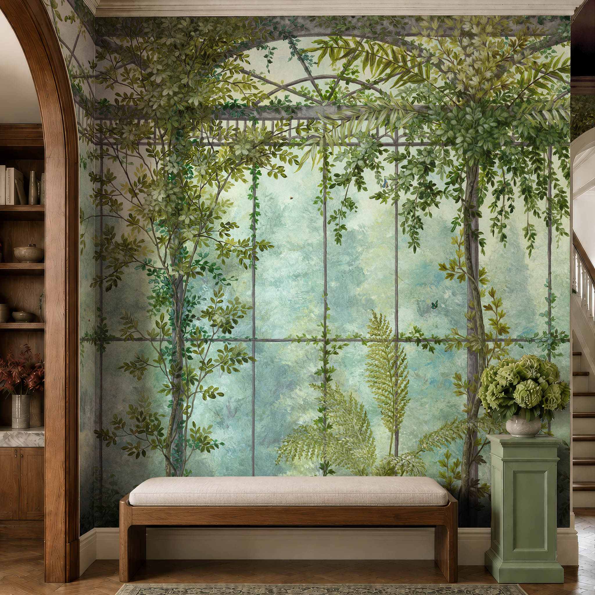 A cropped view of a hallway featuring a panoramic pearlescent wallpaper mural of serene bergamot mural with celadon and sage tones