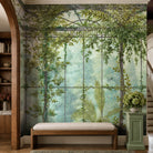 A cropped view of a hallway featuring a panoramic pearlescent wallpaper mural of serene bergamot mural with celadon and sage tones