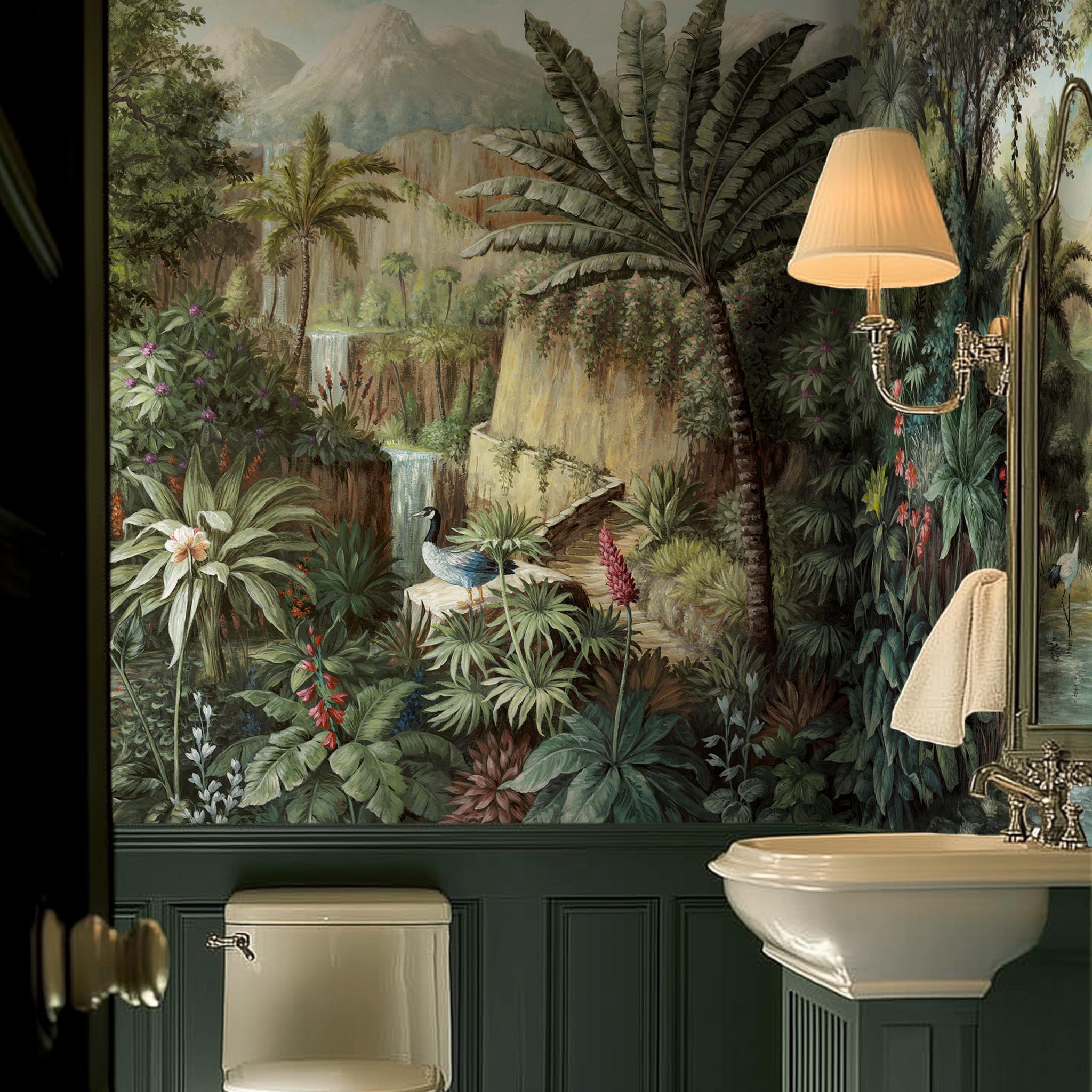 A cropped view of bathroom featuring a panoramic vinyl wallpaper mural of a tropical scene in green and pink.
