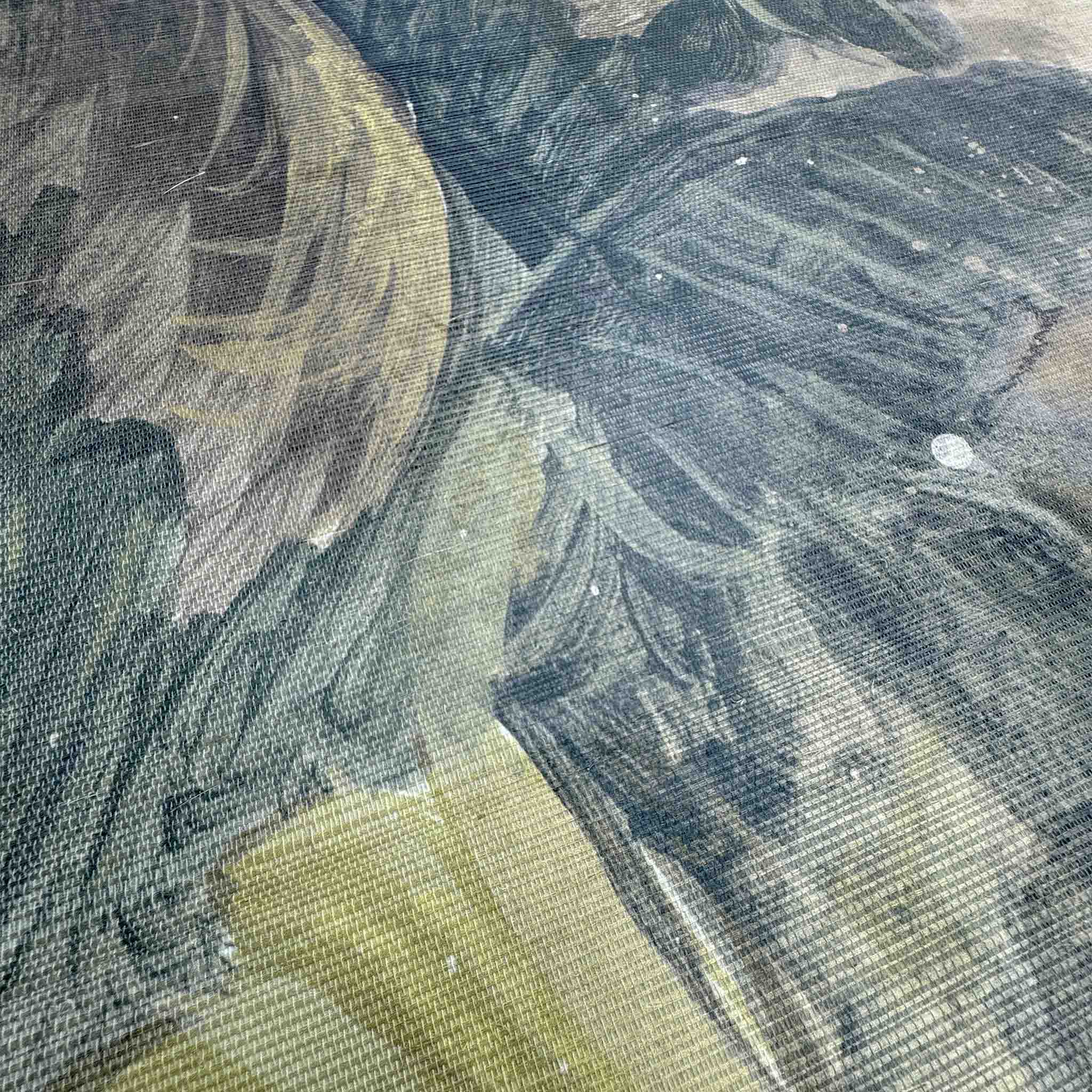 Close-up of a panoramic wallpaper mural featuring deep greens and soft browns, depicting a tropical rainforest scene.