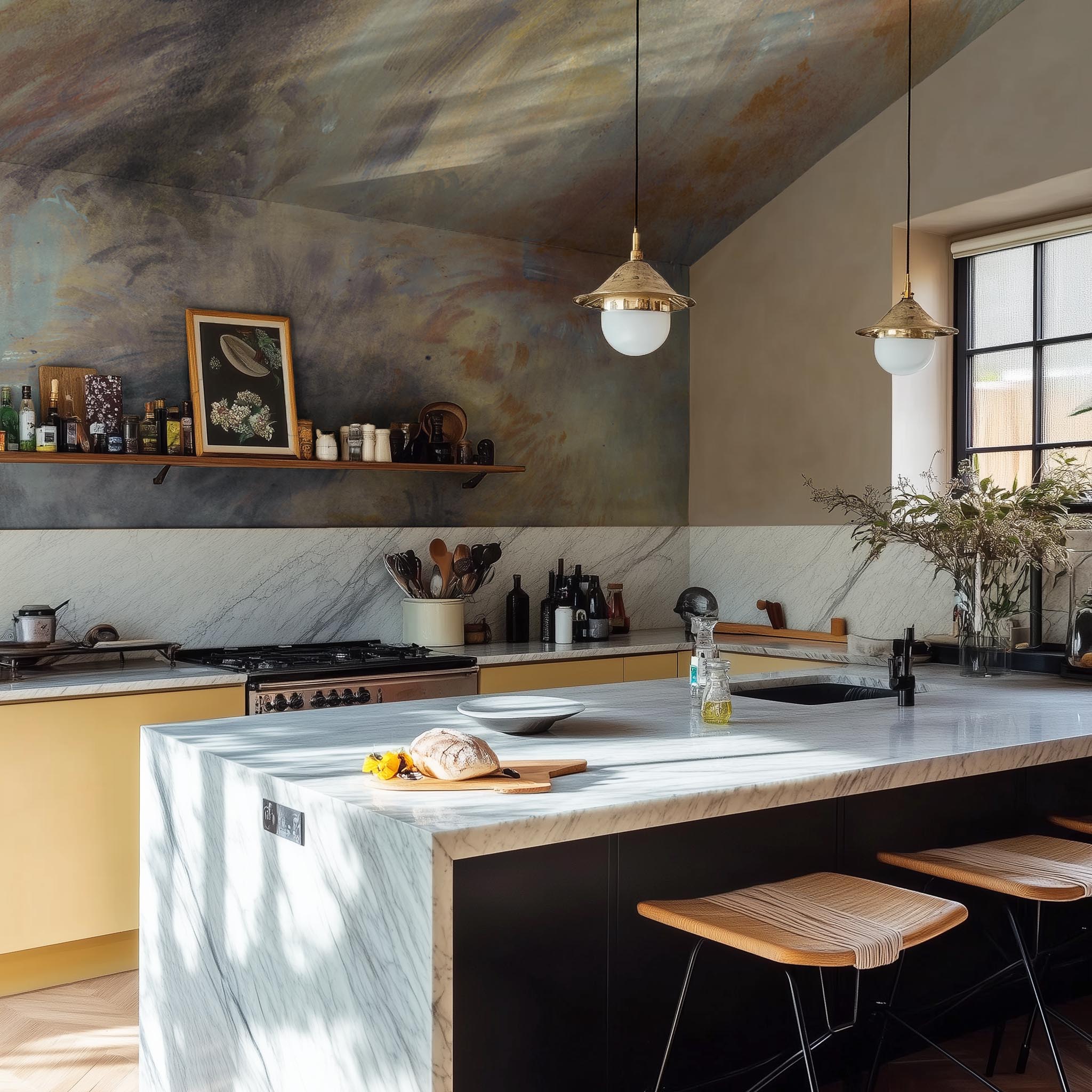 A cropped view of kitchen featuring a panoramic vinyl wallpaper mural of an abstract haze in charcoal and ash.