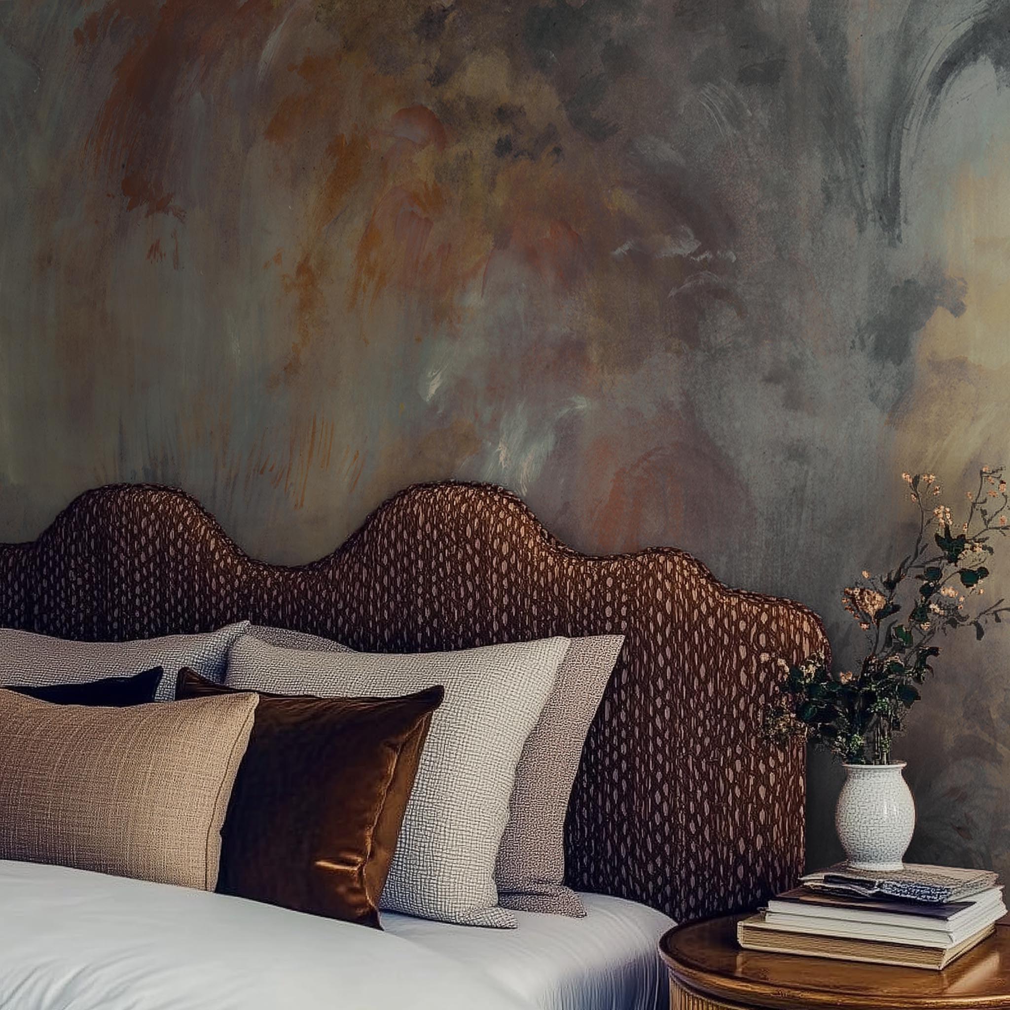 A cropped view of bedroom featuring a panoramic matte wallpaper mural of an abstract haze in charcoal and ash.