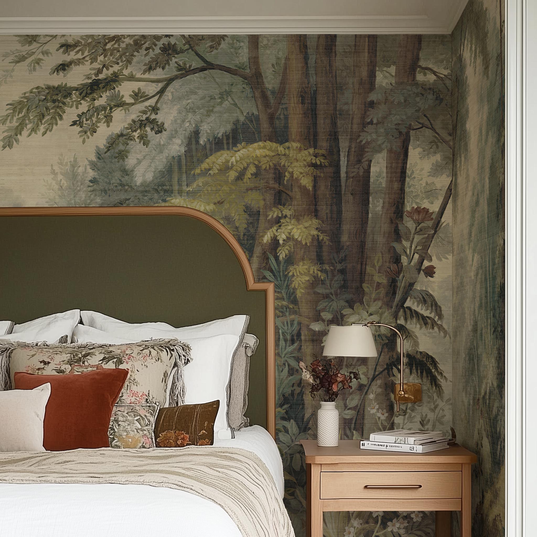 A cropped view of bedroom featuring a panoramic grasscloth wallpaper mural of a misty woodland in sage and ochre.