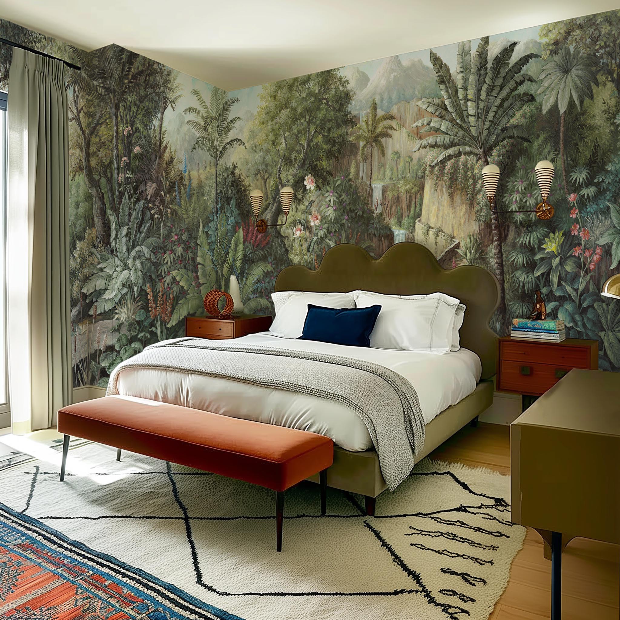 An interior bedroom featuring a panoramic vinyl wallpaper mural of a tropical scene in green and pink.