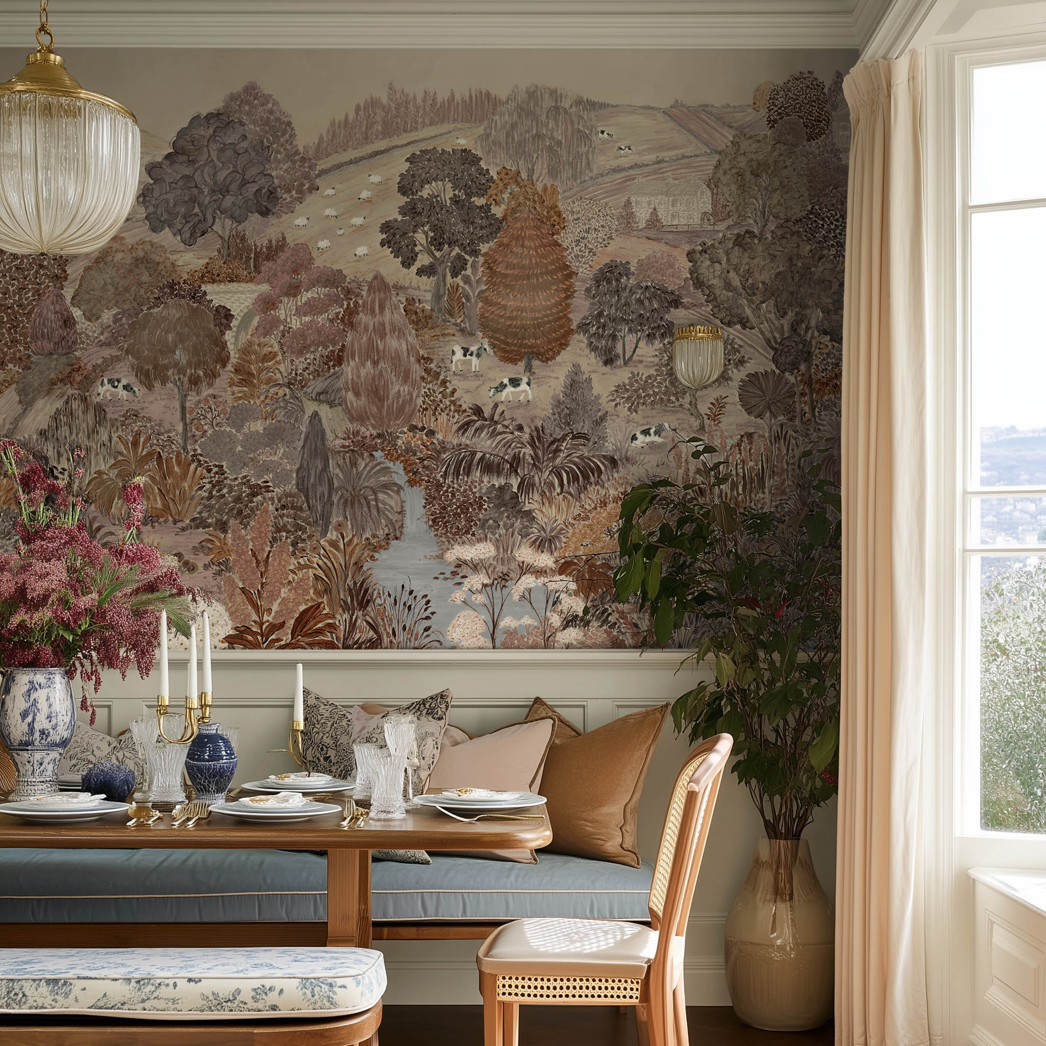 An interior dining room featuring a panoramic matte wallpaper mural of warm clays, soft plum, and rusted green landscape