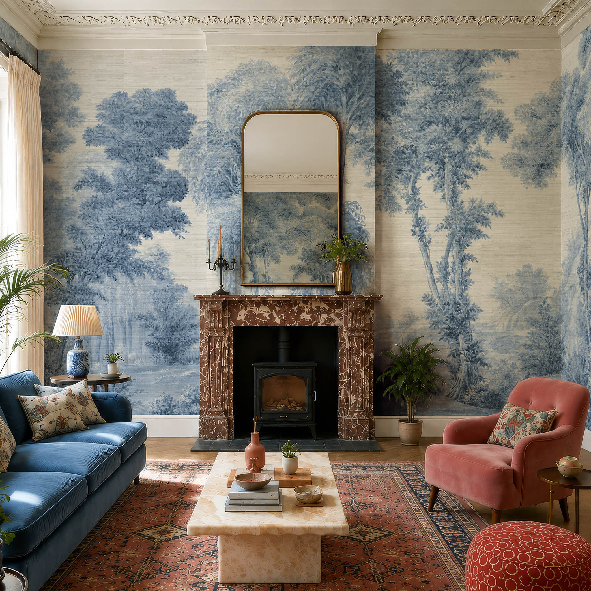 An interior living room featuring a panoramic grasscloth wallpaper mural of soft blue woodland