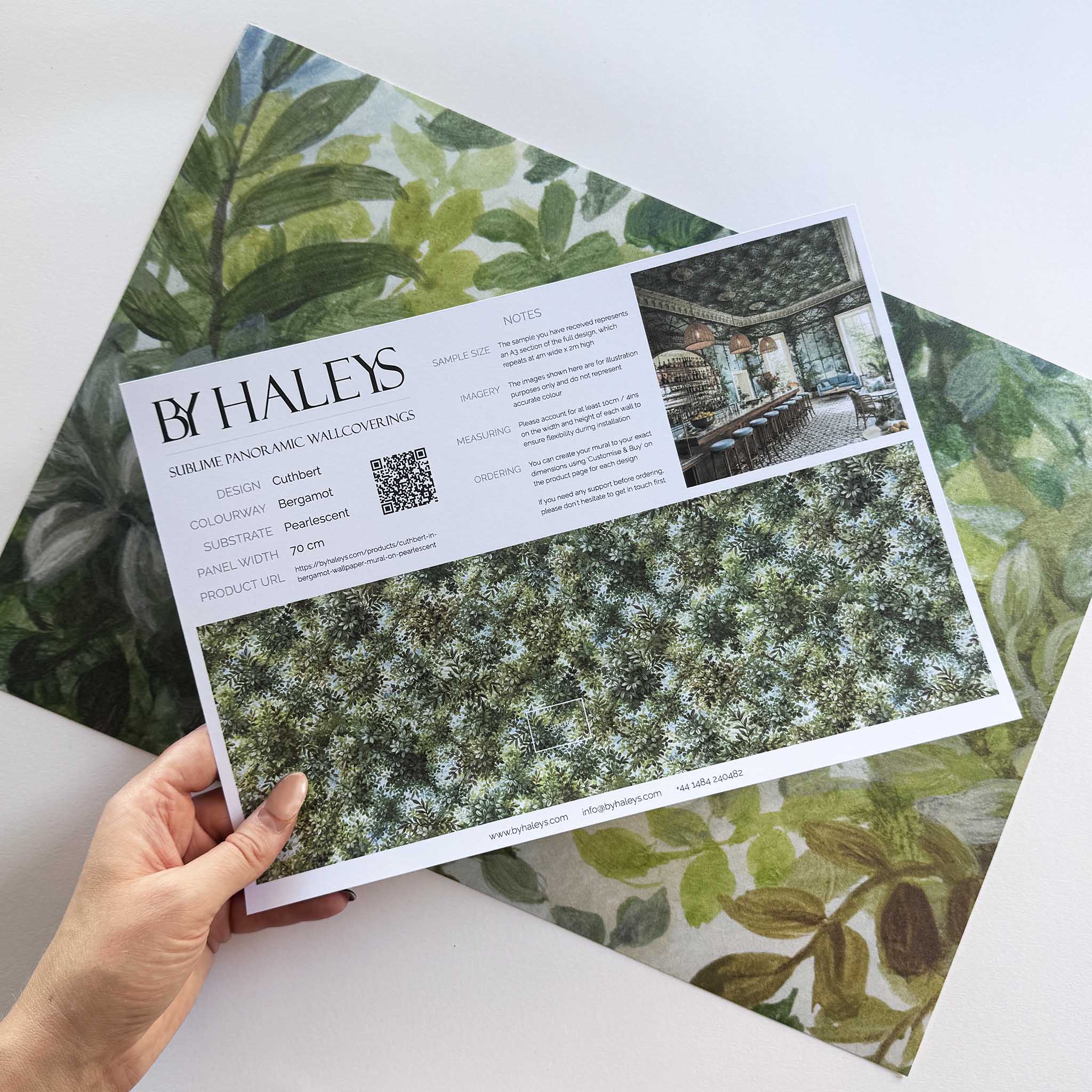 A hand showing information for a pearlescent wallpaper mural sample which features bergamot-green mural with layered foliage and soft light.