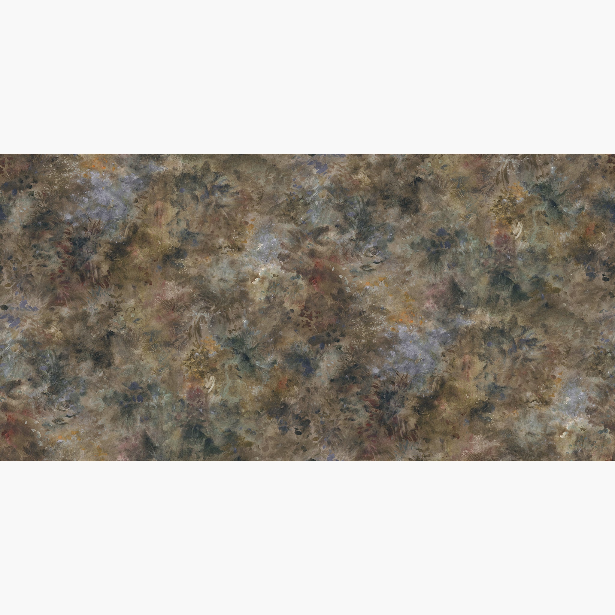 Artwork of a panoramic wallpaper mural featuring misty painterly mural in fennel, sage, olive, indigo, ochre.