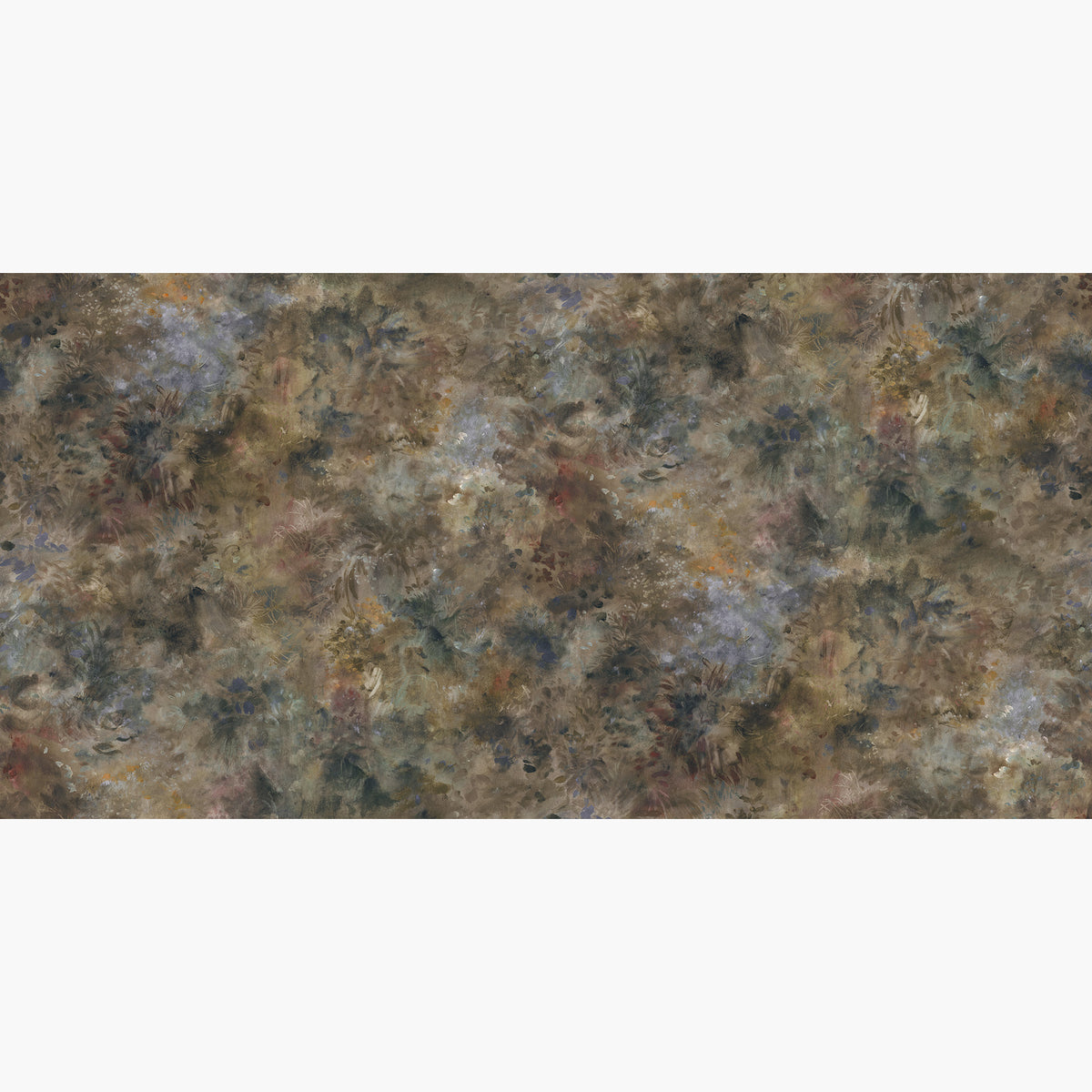 Artwork of a panoramic wallpaper mural featuring misty painterly mural in fennel, sage, olive, indigo, ochre.