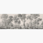 Artwork of a panoramic wallpaper mural featuring a stately forest in painterly ash grey and parchment